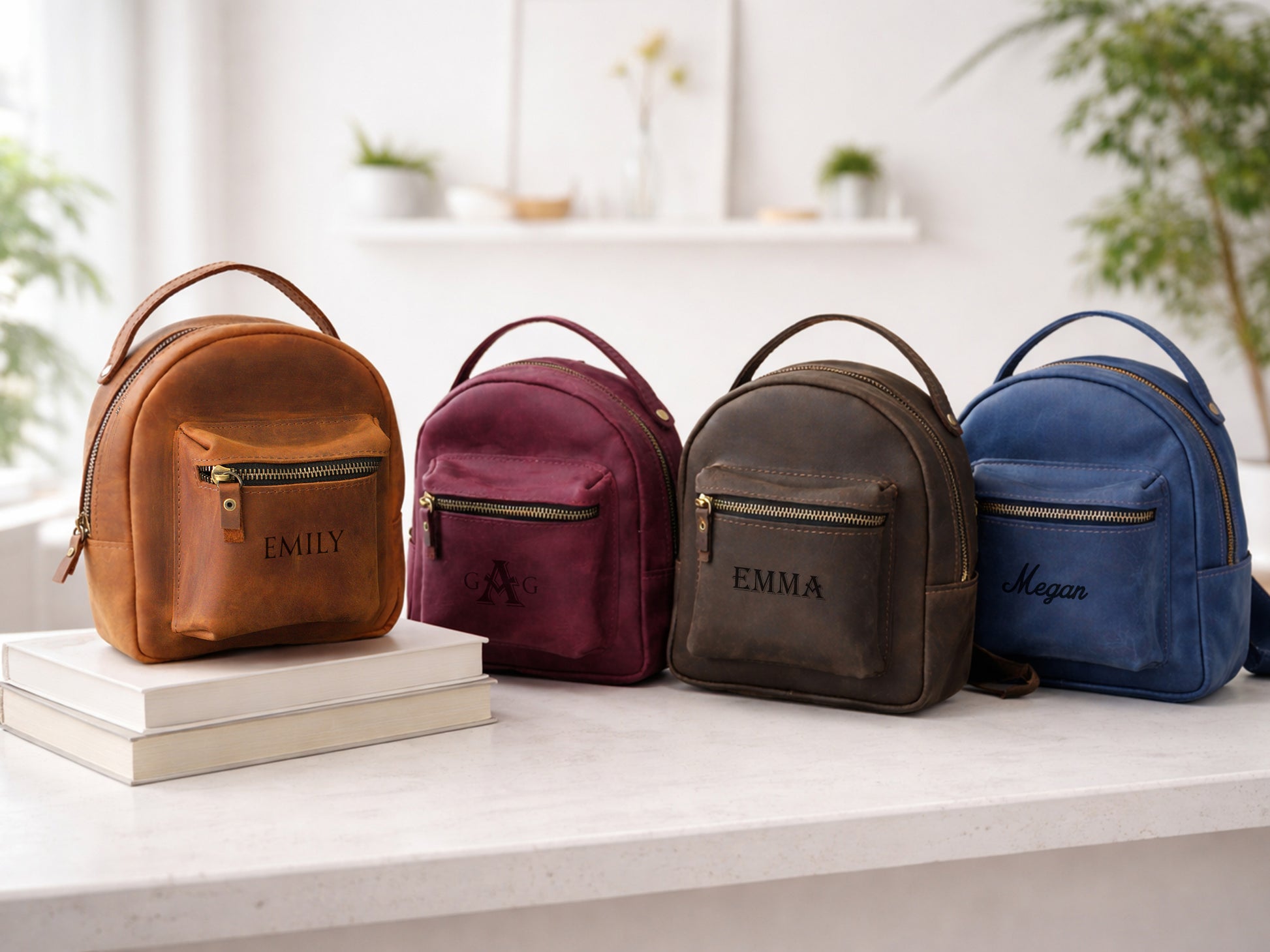 The Urban Petite personalized leather backpack, side profile view