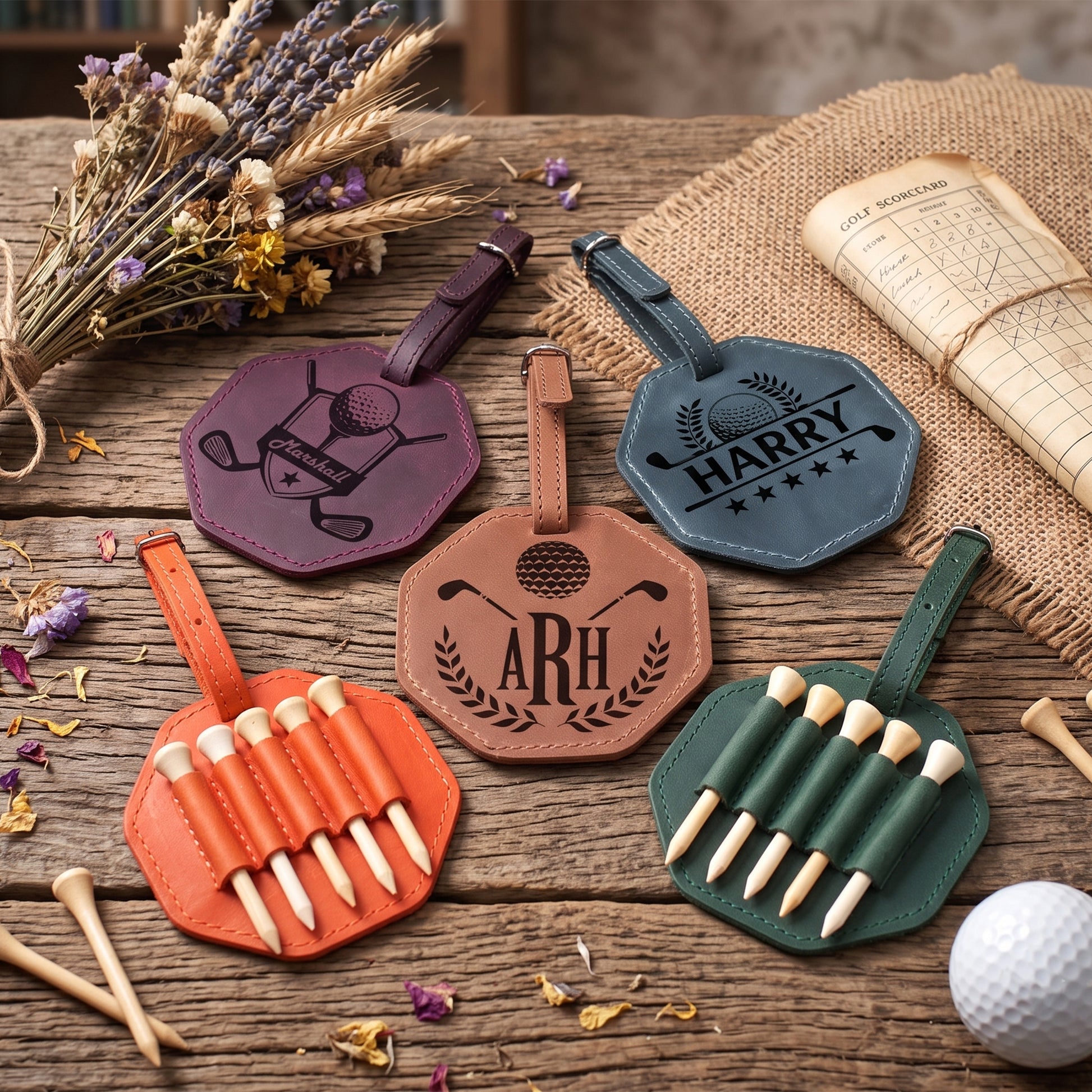 Four octagonal leather golf accessory sets arranged on a rustic wooden surface with dried flowers, burlap, a rolled notebook, golf tees, and a golf ball. The sets include purple, blue, tan, and green leather pieces with engraved names and golf-themed graphics, and two orange sets holding golf tees.
