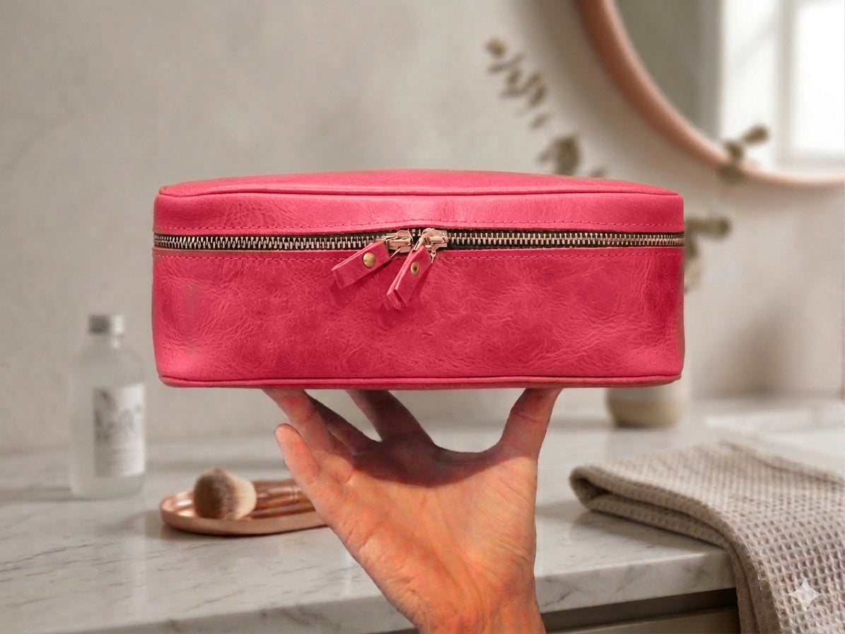 Minimalist leather delicates pouch with adjustable design, handcrafted
