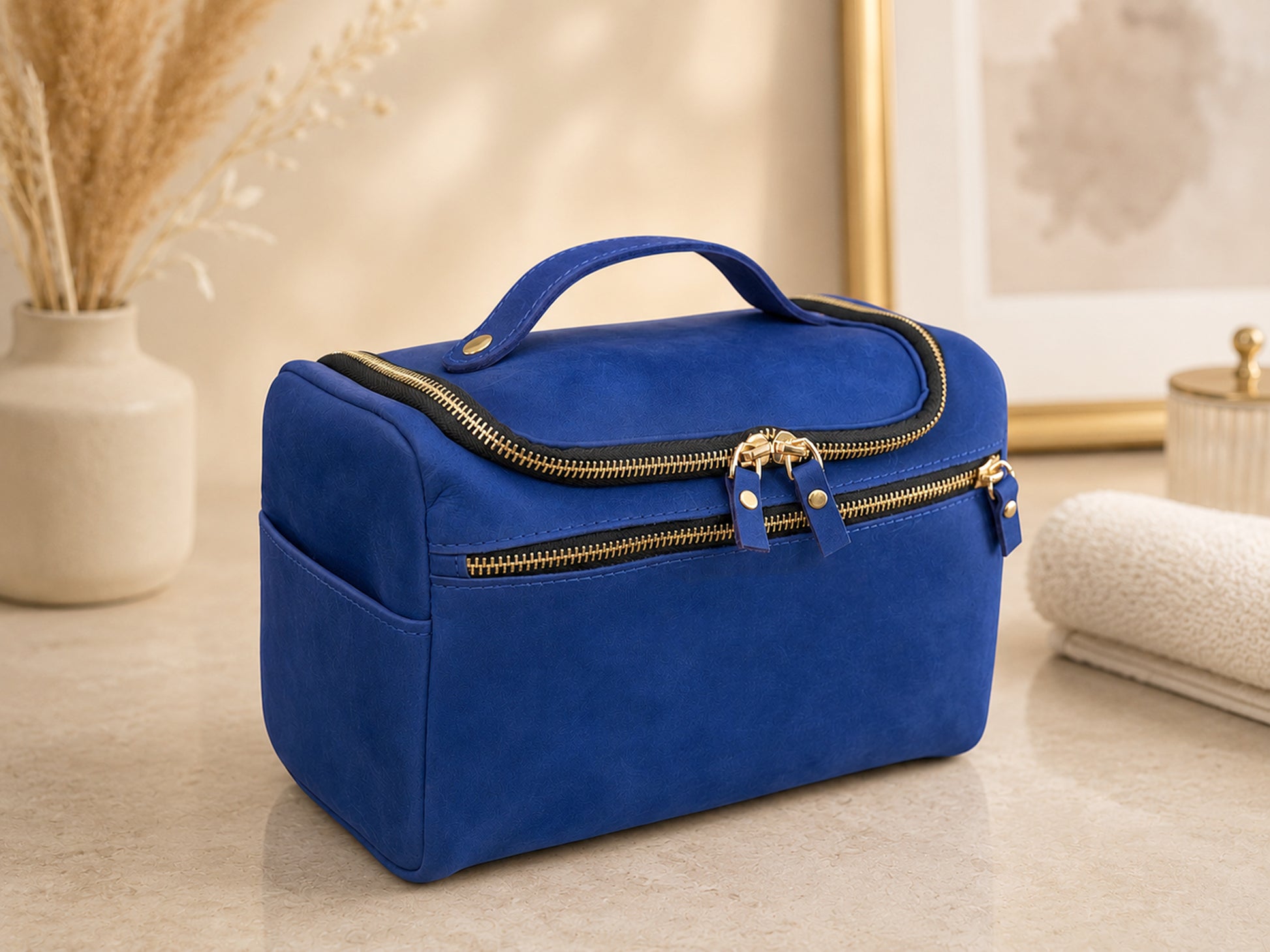 Blue cosmetic bag with gold zippers on a light wooden surface.