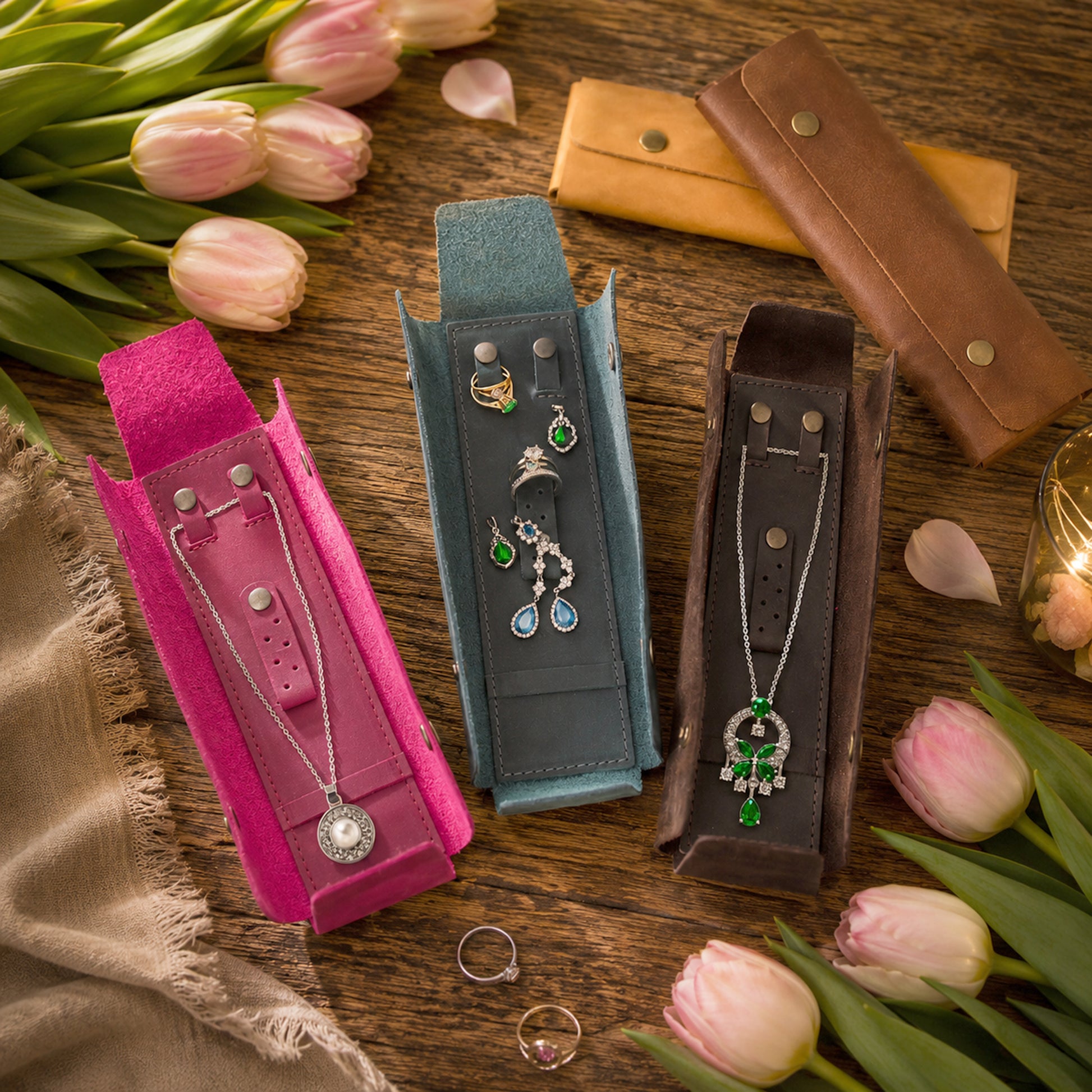 Three velvet jewelry organizer sleeves in pink, teal, and brown, each holding a necklace and earrings, arranged on a wooden table with tulips and rings.