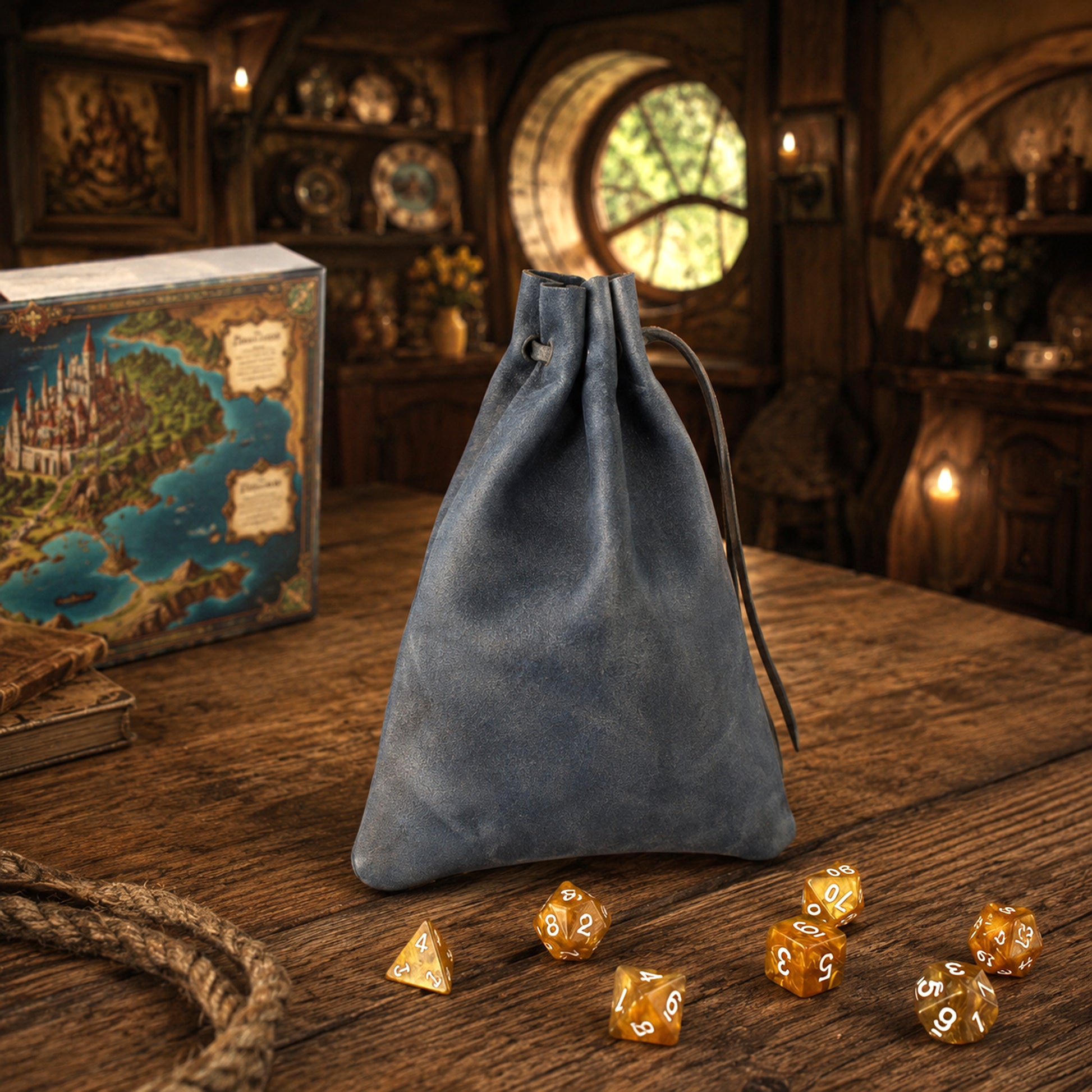 A dusty blue drawstring pouch bag standing on a rustic wooden table, with amber-colored polyhedral gaming dice scattered around it and a fantasy map box in the background.