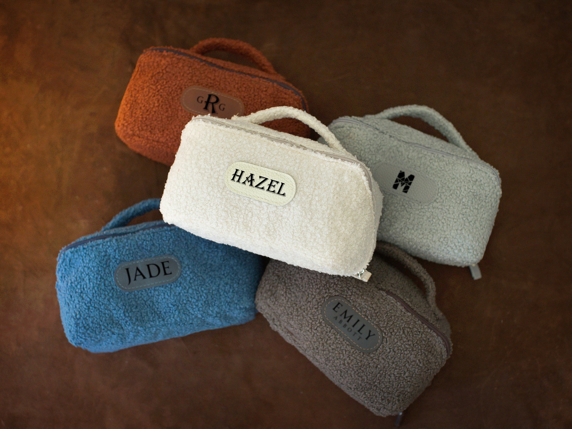 Personalized monogram embroidery on handcrafted sherpa toiletry bag