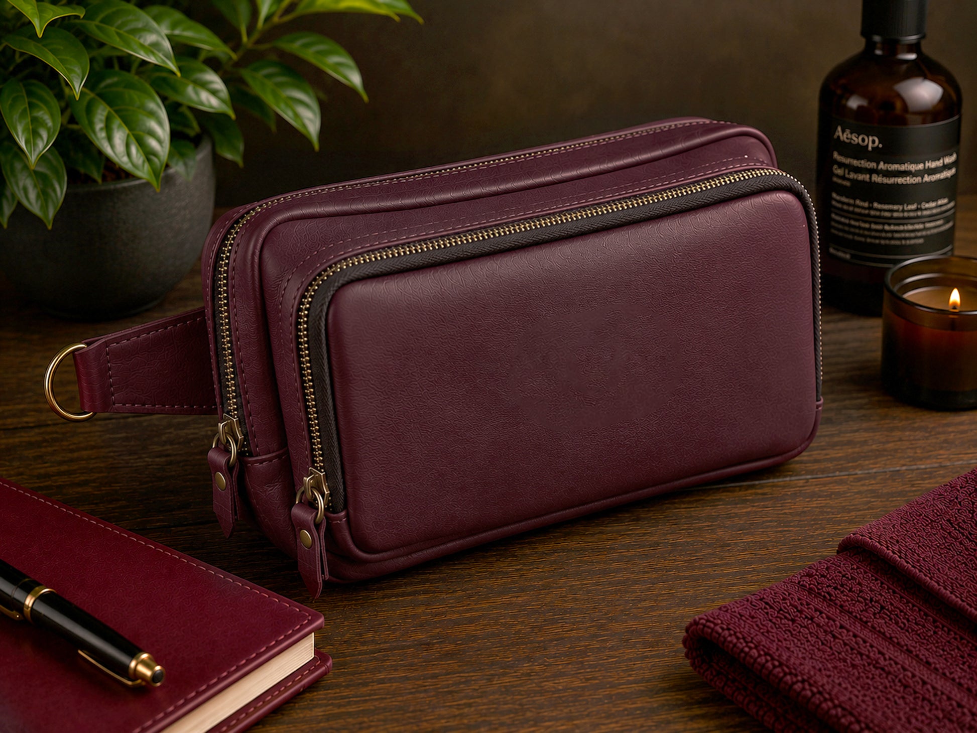 Maroon leather crossbody bag on a wooden surface with a plant, bottle, and candle in the background.