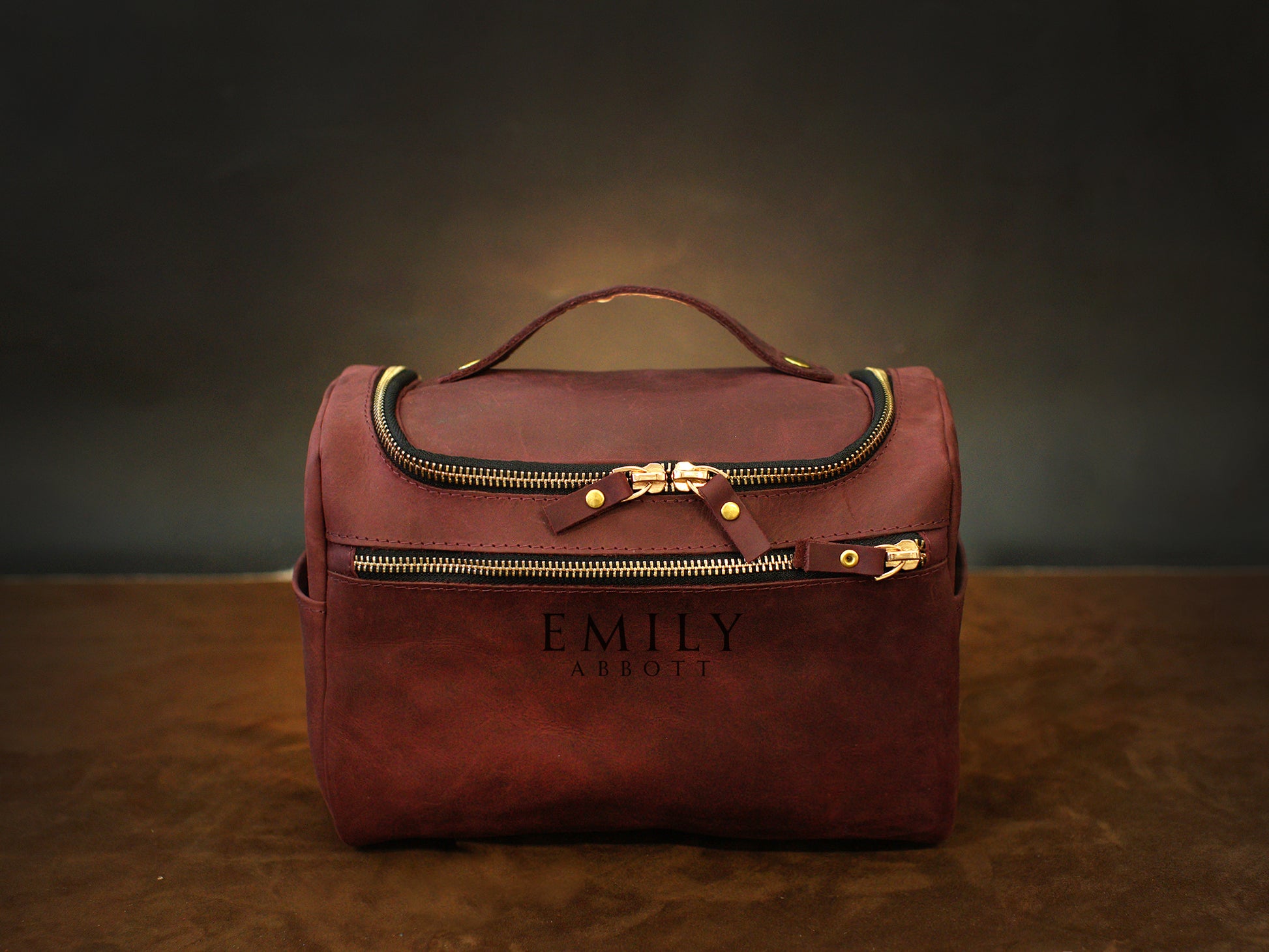 Personalized monogram engraving on handcrafted leather toiletry case