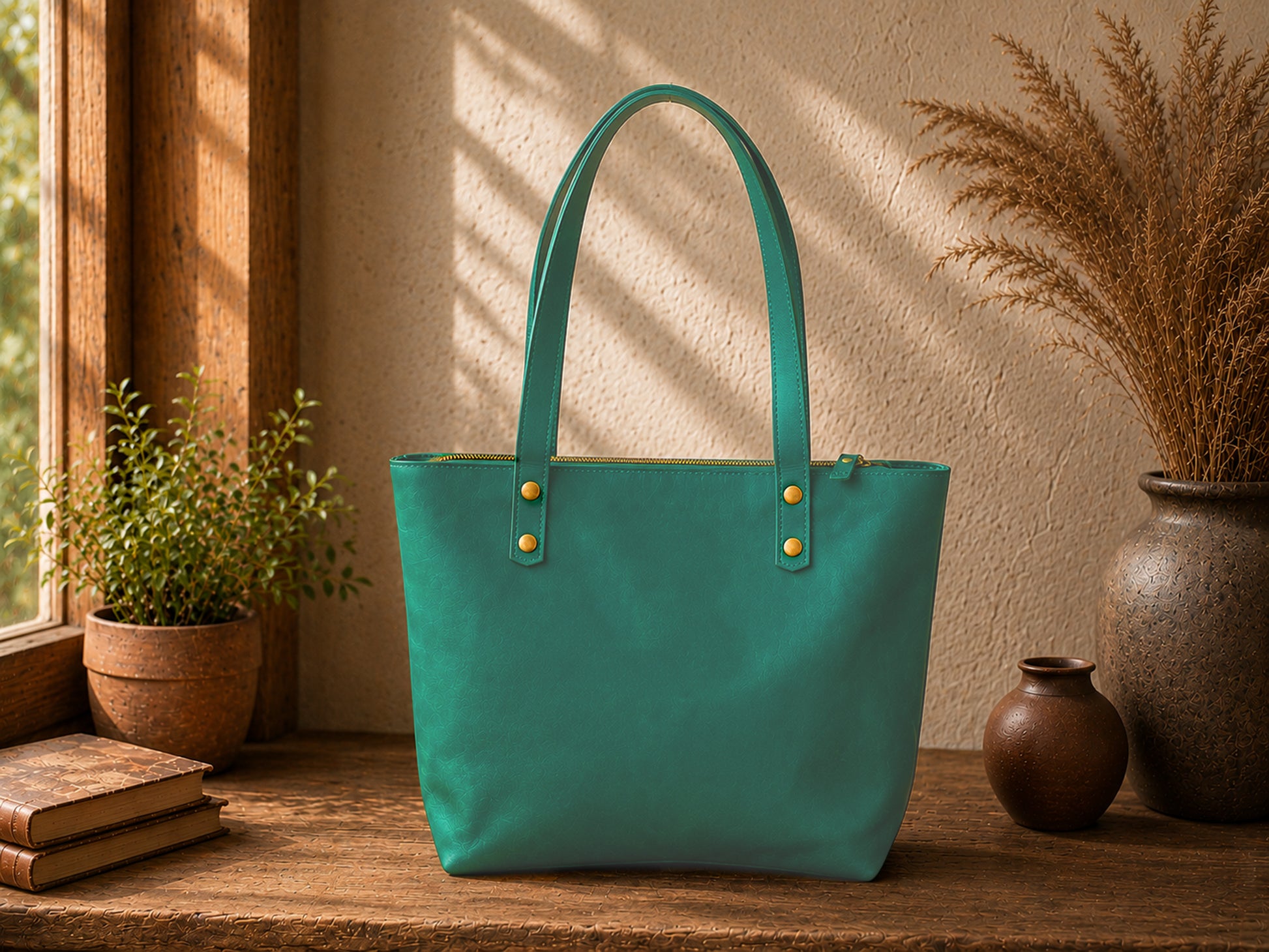 Teal handbag on a wooden surface with plants and books in the background