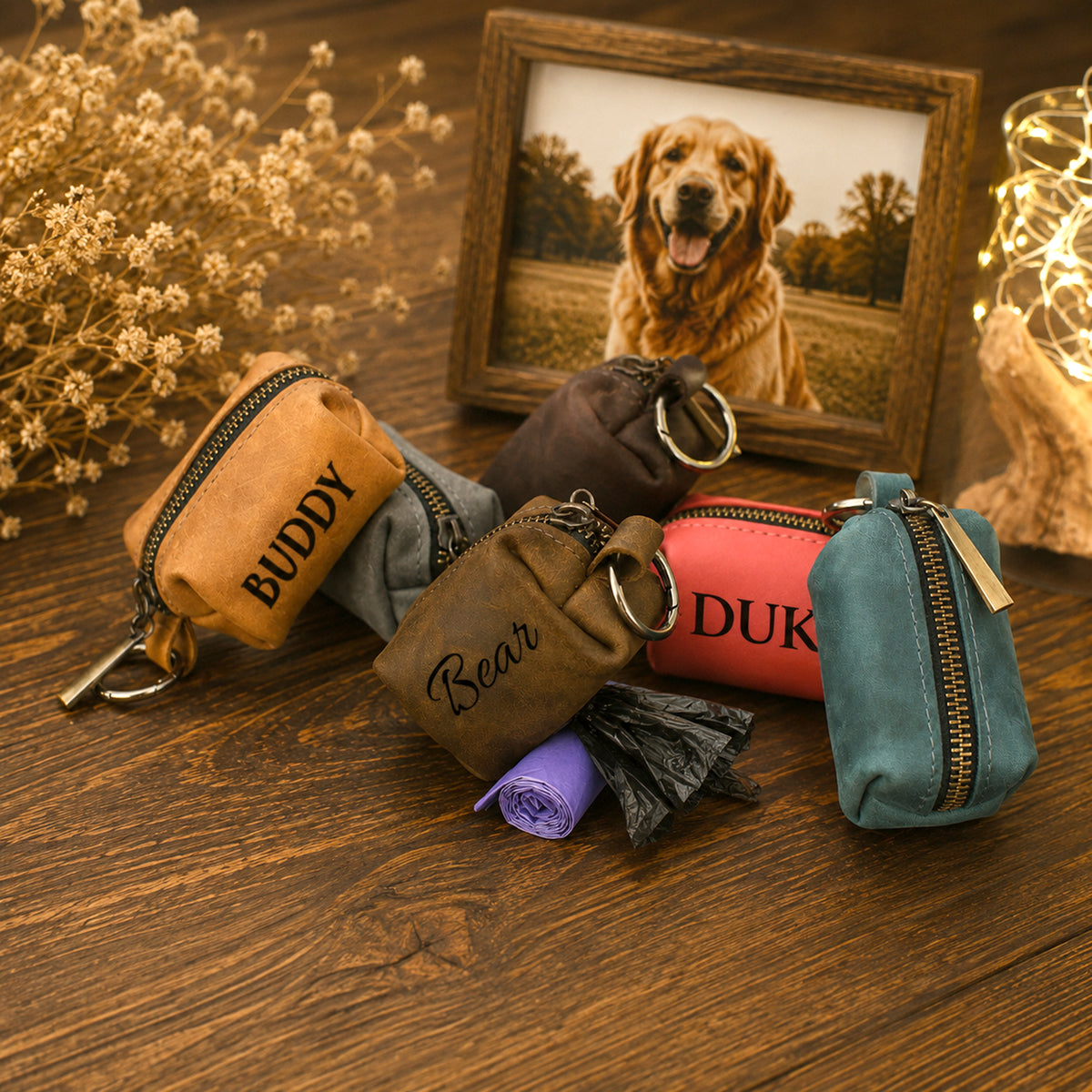 Four small zippered pouches in tan, brown, coral pink, and teal are arranged on a wooden surface with rolled towels and a framed dog photo in the background. The tan pouch is labeled BUDDY, the center-brown pouch is labeled Bear, and the coral pouch shows part of the word DUK.