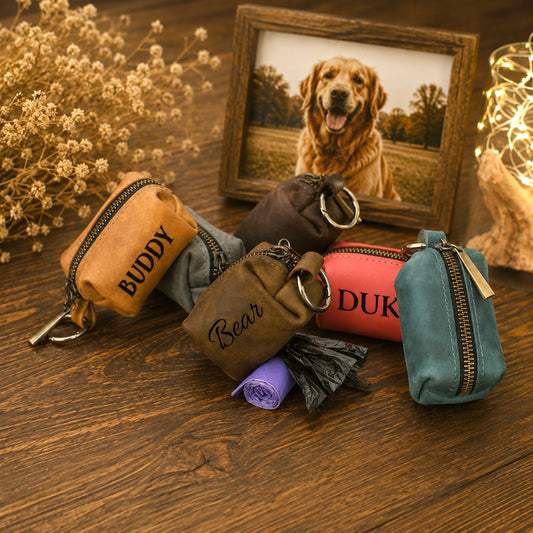 Four small zippered pouches in tan, brown, coral pink, and teal are arranged on a wooden surface with rolled towels and a framed dog photo in the background. The tan pouch is labeled BUDDY, the center-brown pouch is labeled Bear, and the coral pouch shows part of the word DUK.