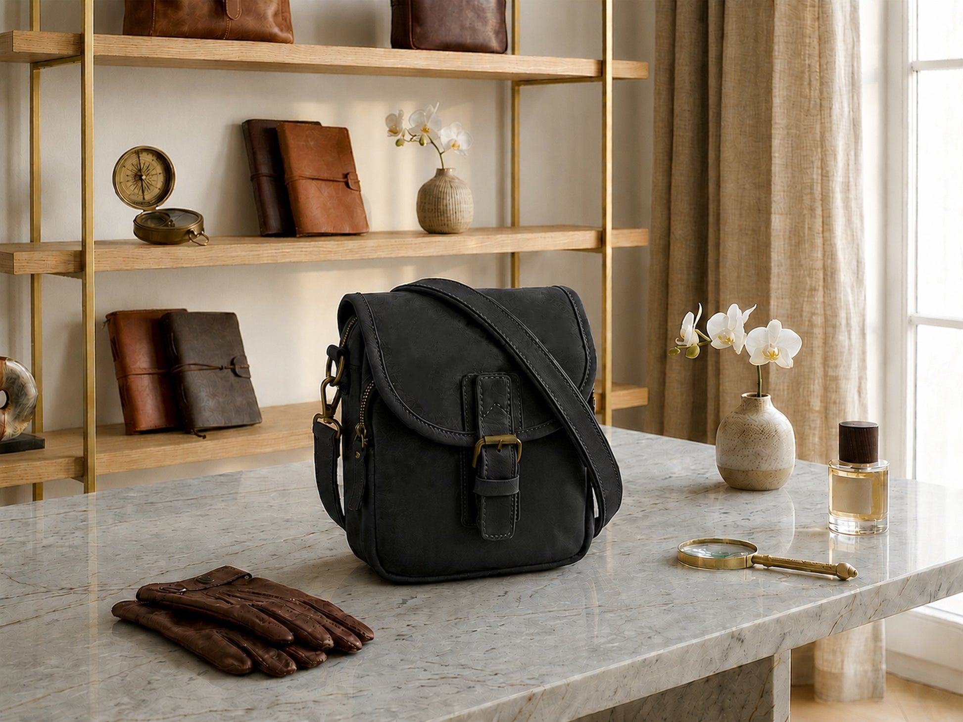 Black leather bag on a marble surface with shelves and decor in the background