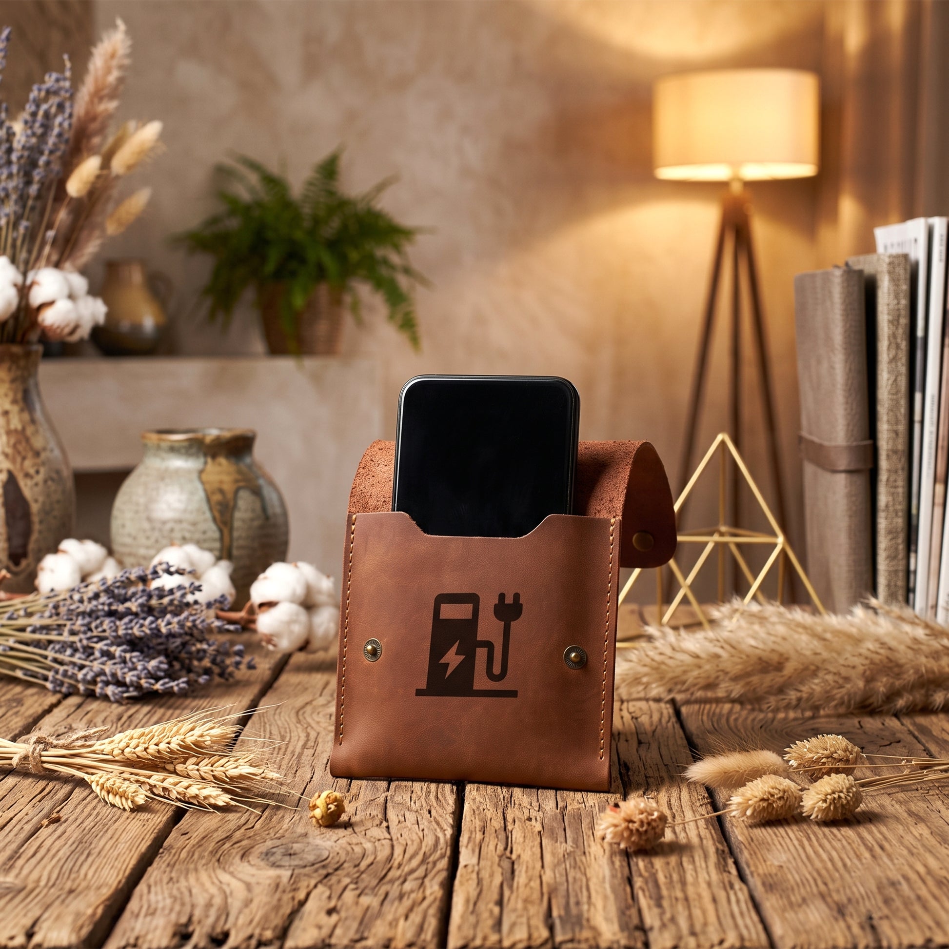 A brown leather phone stand with an embossed fuel pump and lightning bolt design, holding a black smartphone. The stand is placed on a rustic wooden table surrounded by dried flowers, cotton bolls, books, and a warm lamp in the background.