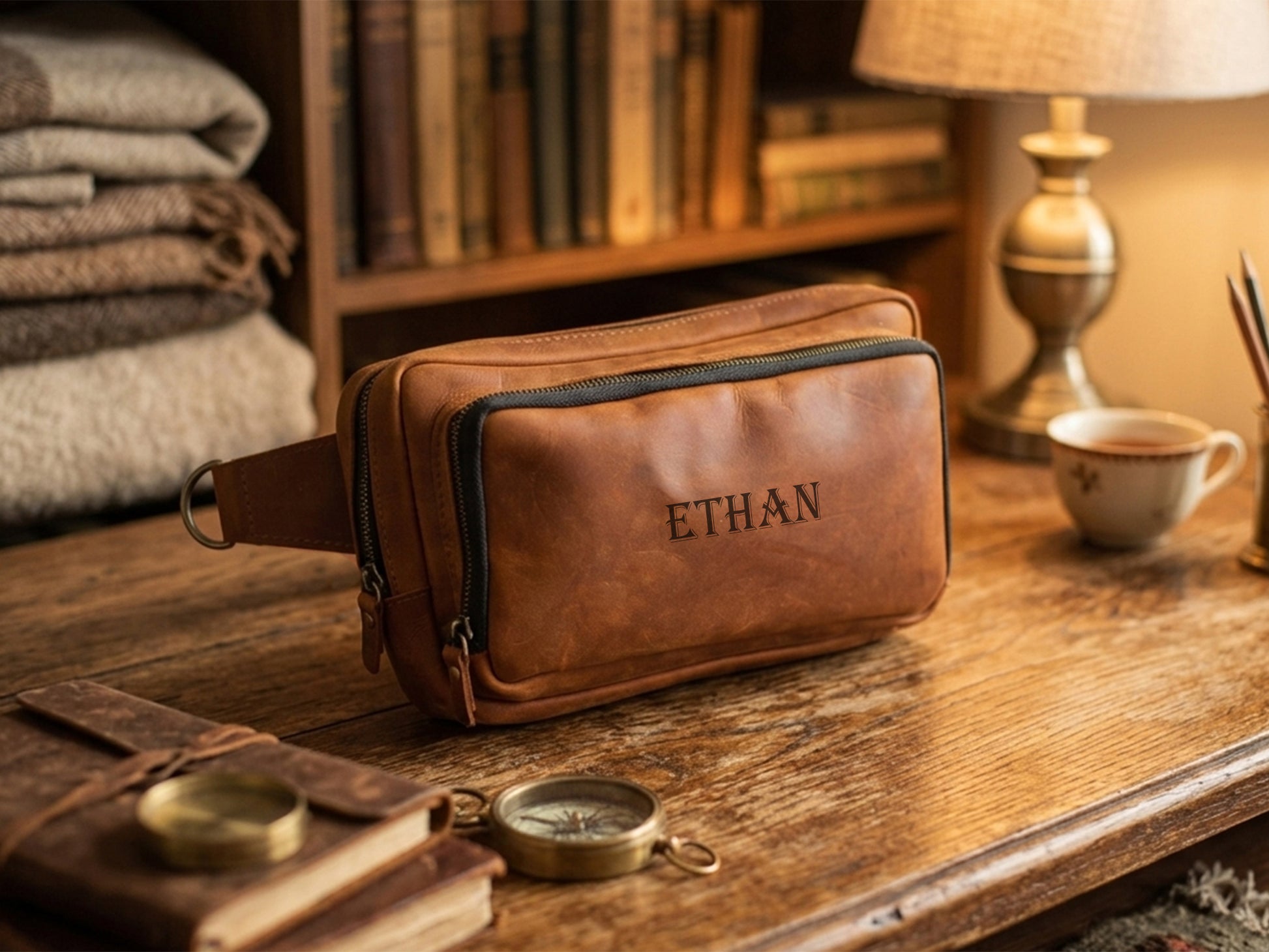 Personalized monogram engraving on handcrafted leather crossbody bag