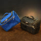 Interior of large leather cosmetic bag, spacious compartment for travel
