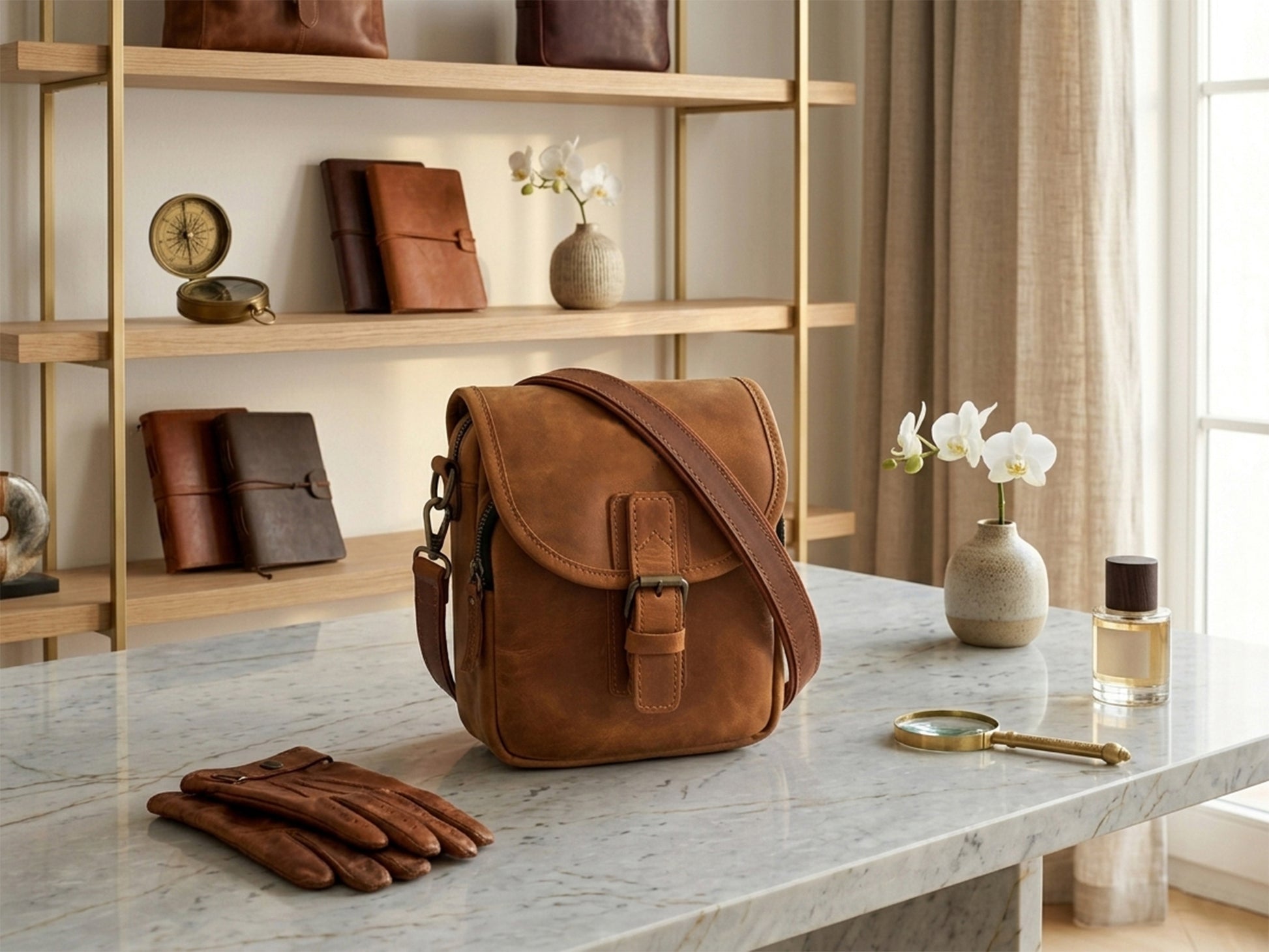 Brown leather bag on a marble surface with shelves in the background