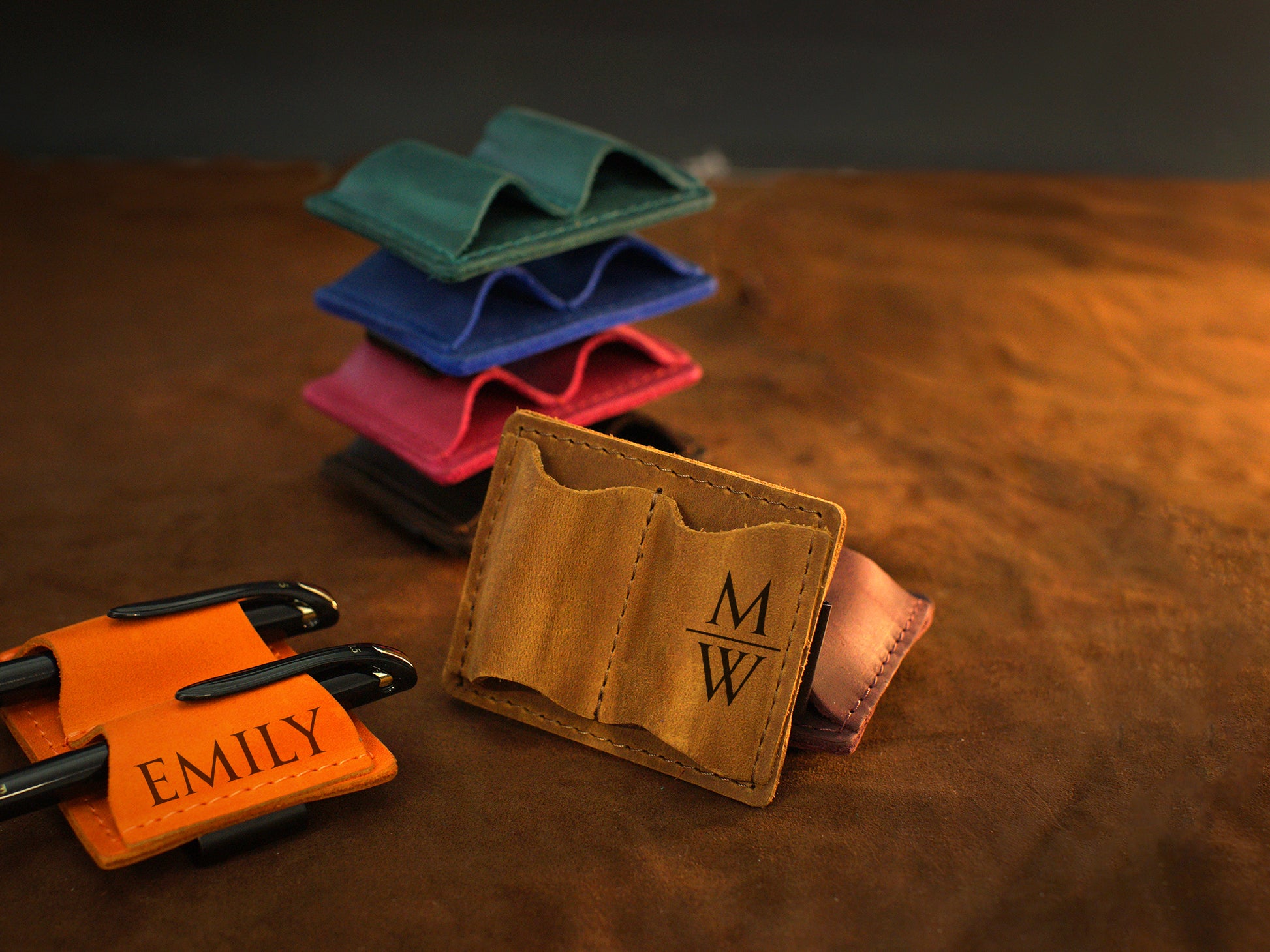 Leather pen holder attached to notebook, minimalist desk accessory
