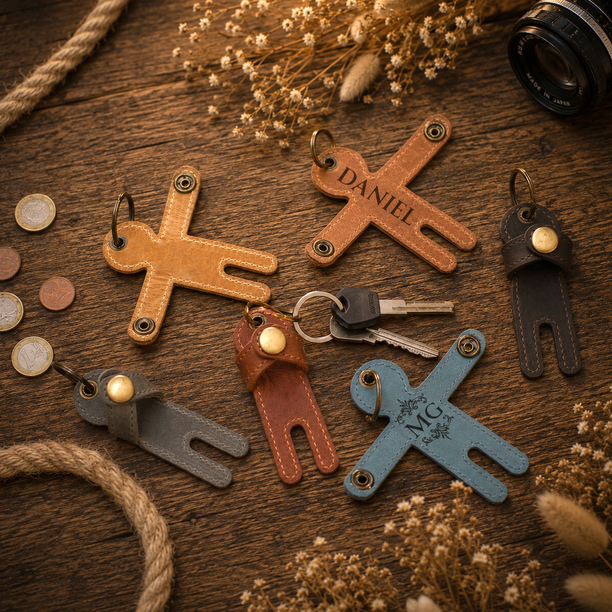 Six personalized leather keychains shaped like gingerbread men are arranged on a rustic wooden surface with decorative dried flowers, rope, coins, and a camera lens. The keychains come in tan, brown, black, gray, red, and light blue, with one custom name keychain reading 'DANIEL' and another showing 'M.