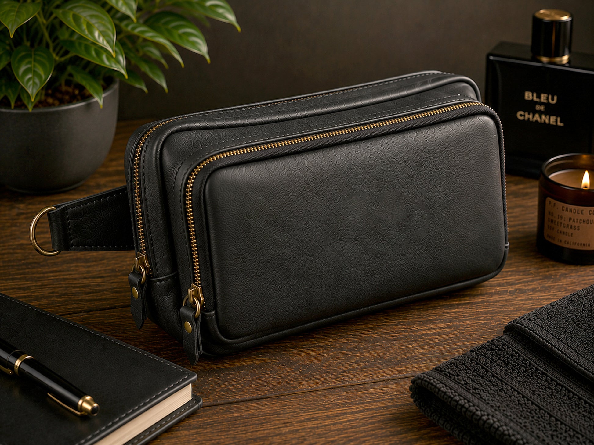 Black leather crossbody bag on a wooden surface with a plant, book, and candle in the background.