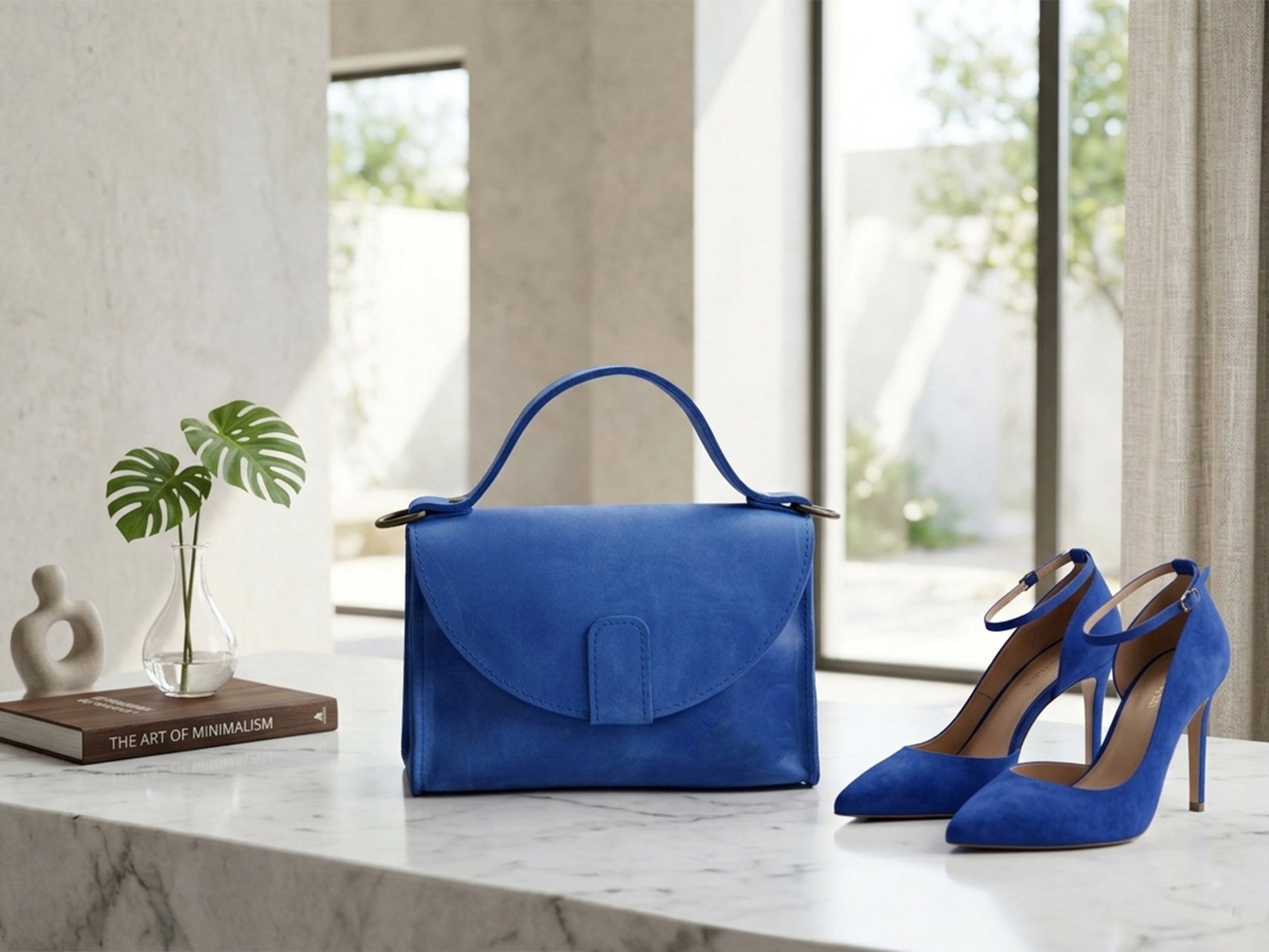 Blue handbag and high heels on a marble surface with a neutral background