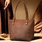 Personalized monogram engraving on handcrafted leather tote bag