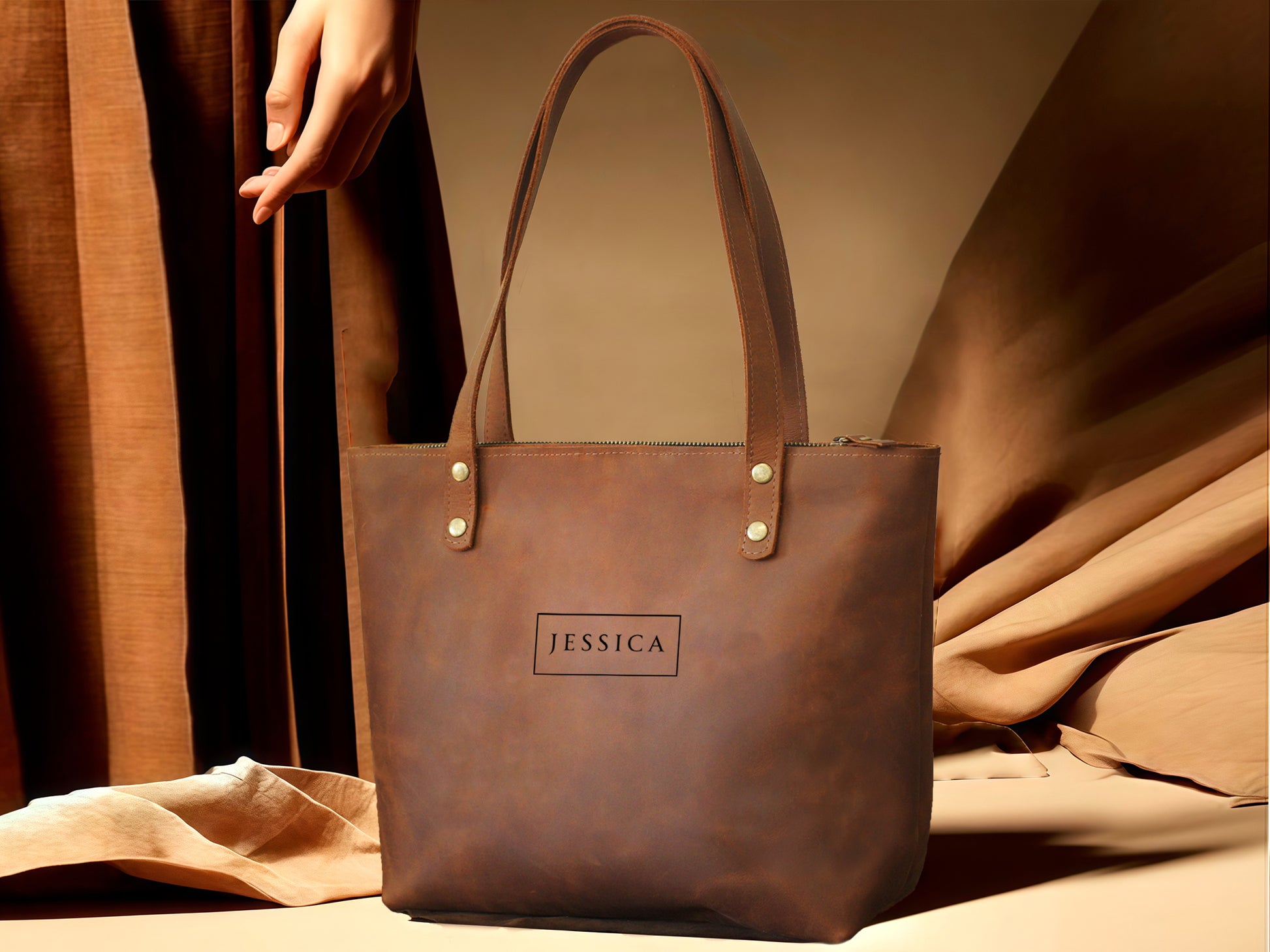Personalized monogram engraving on handcrafted leather tote bag