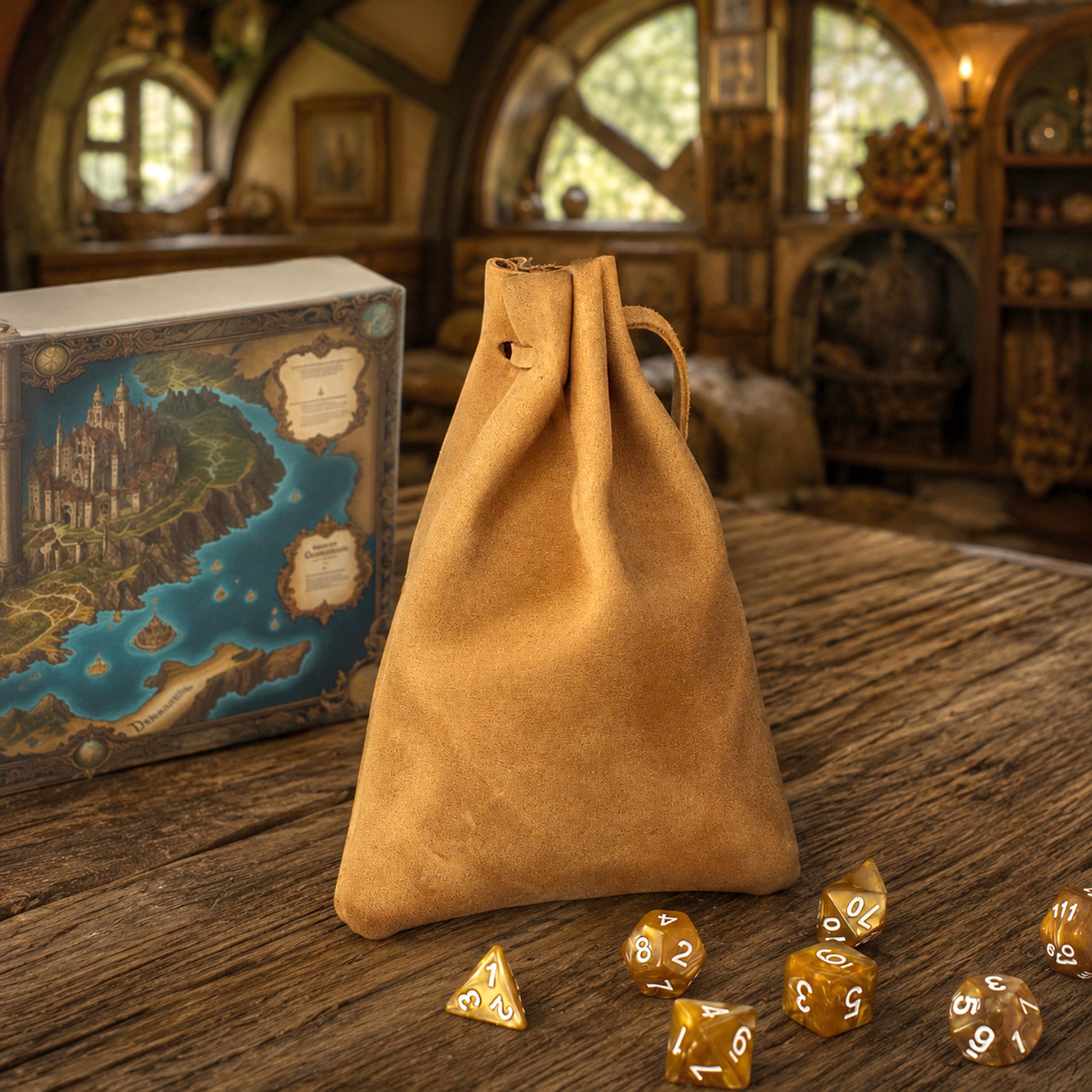 A tan suede drawstring bag stands on a wooden table, with several translucent amber polyhedral dice scattered in front and a fantasy map box visible to the left. The background shows a blurred rustic interior with arched windows and wooden furnishings.