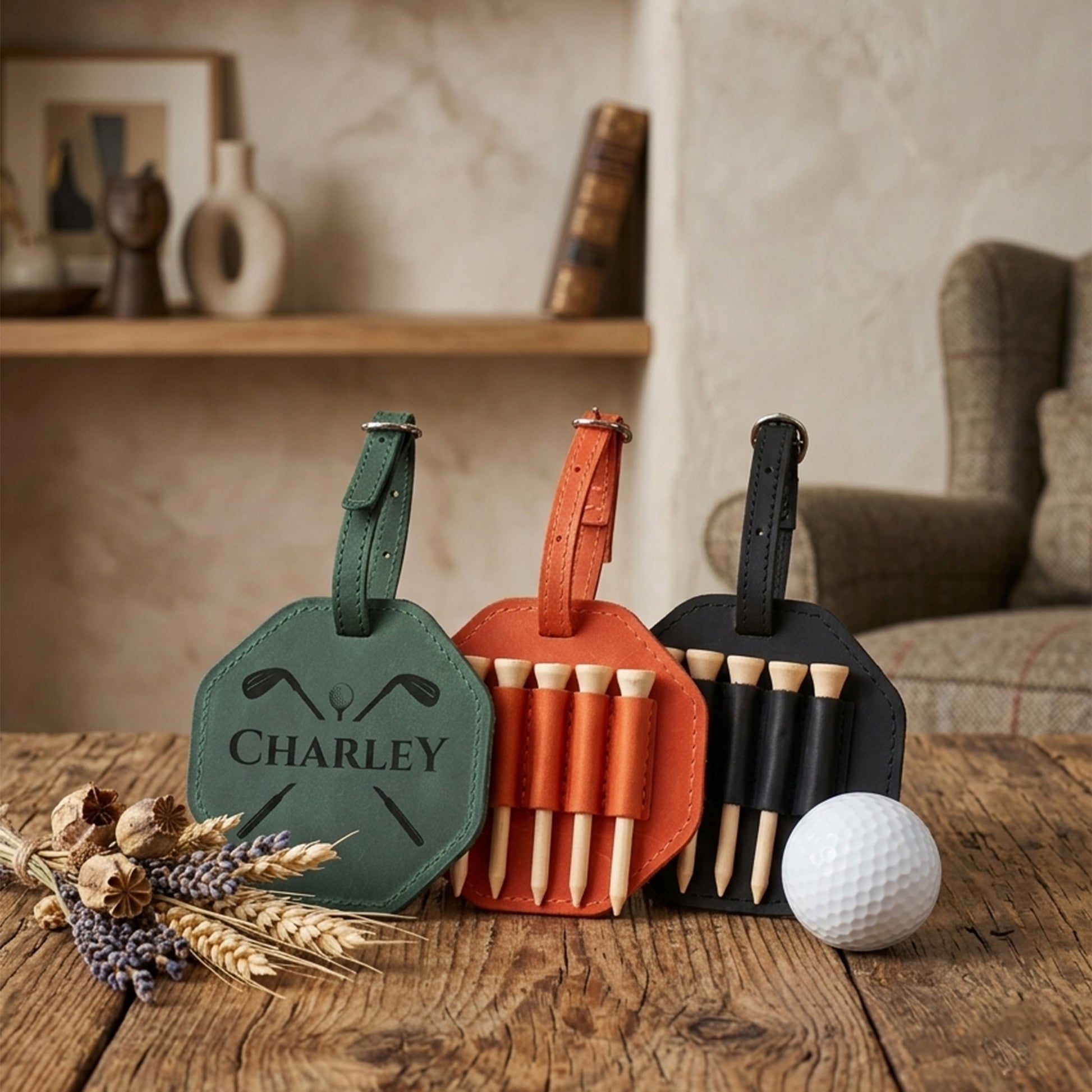Three personalized golf tees in leather cases on a rustic wooden table, with a white golf ball, dried wheat, and lavender sprigs. The cases are sage green, terracotta orange, and black, with the name 'CHARLEY' engraved on the green case.