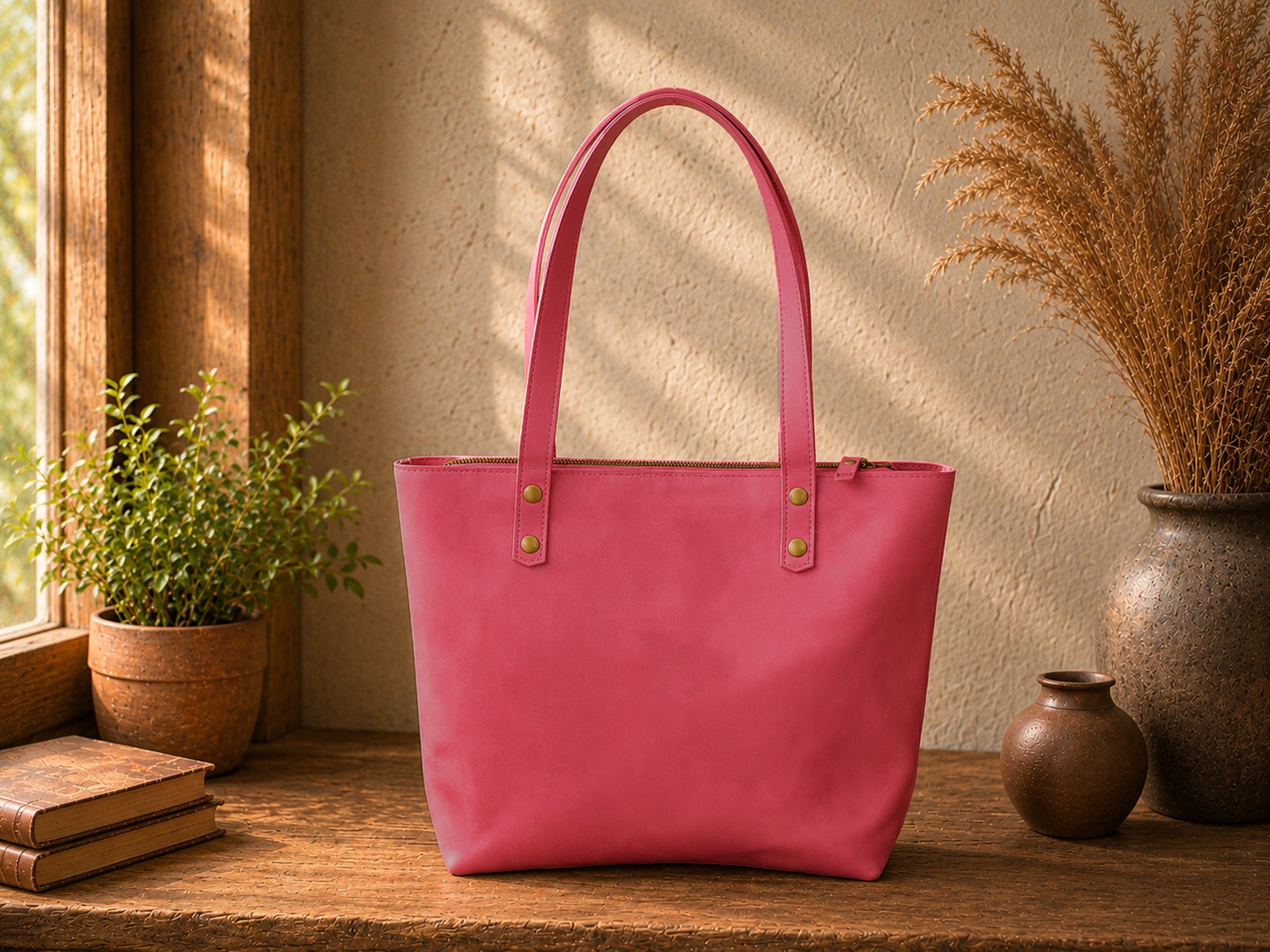 Pink tote bag on a wooden surface with decorative plants and vases in the background
