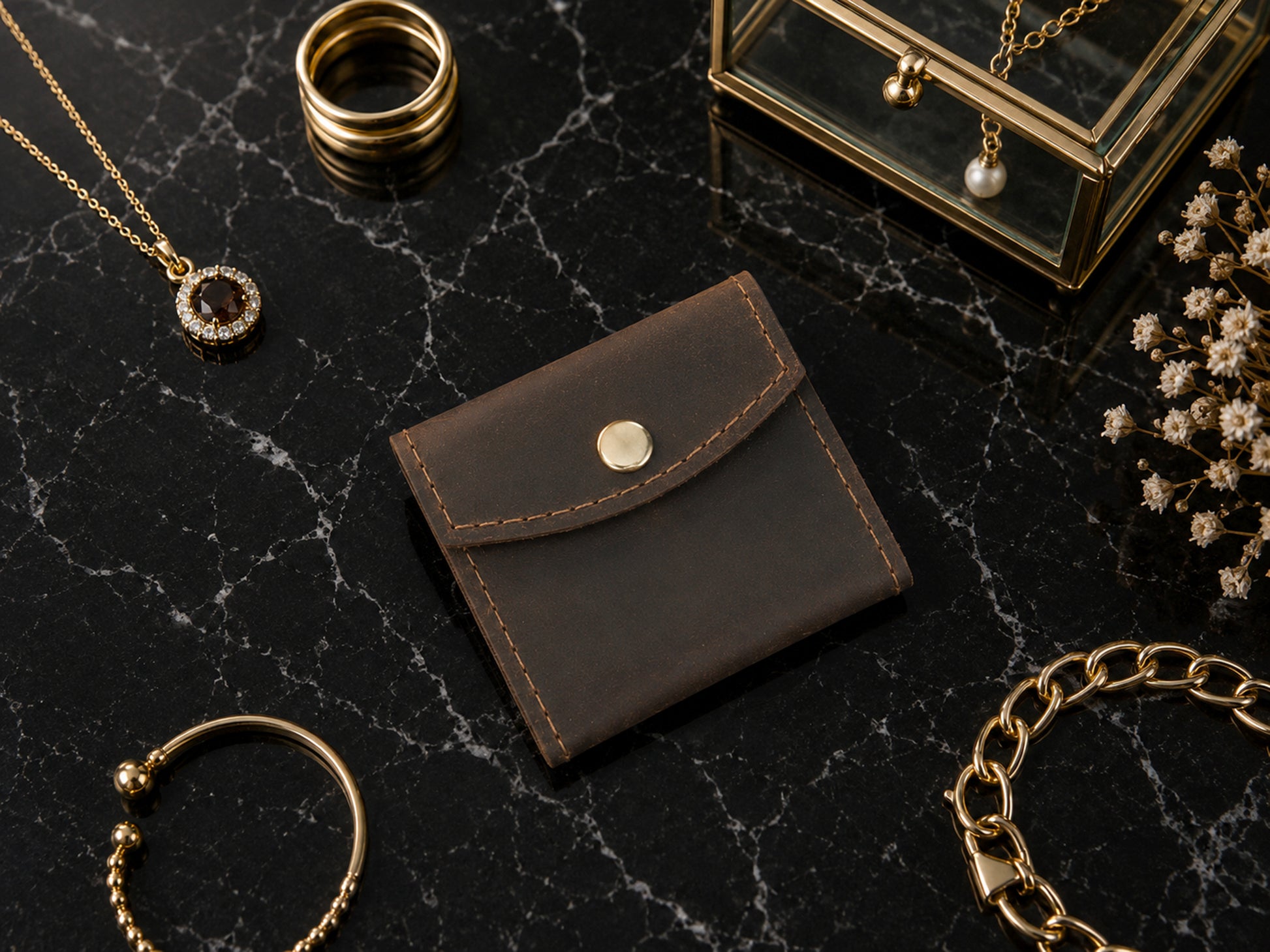 Leather jewelry pouch zipper detail, smooth glide closure