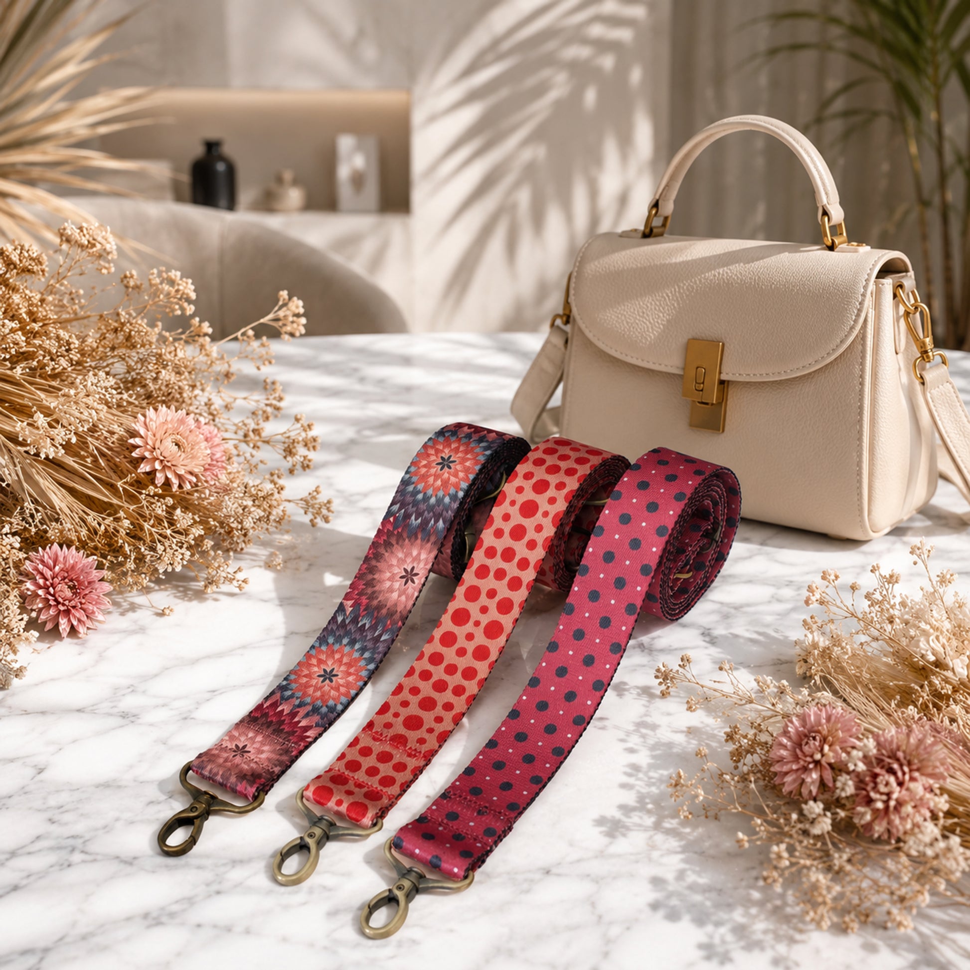Beige handbag with floral and polka dot strap options on a marble surface with dried flowers.