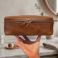 Interior of leather lingerie pouch, soft compartments for delicate garments