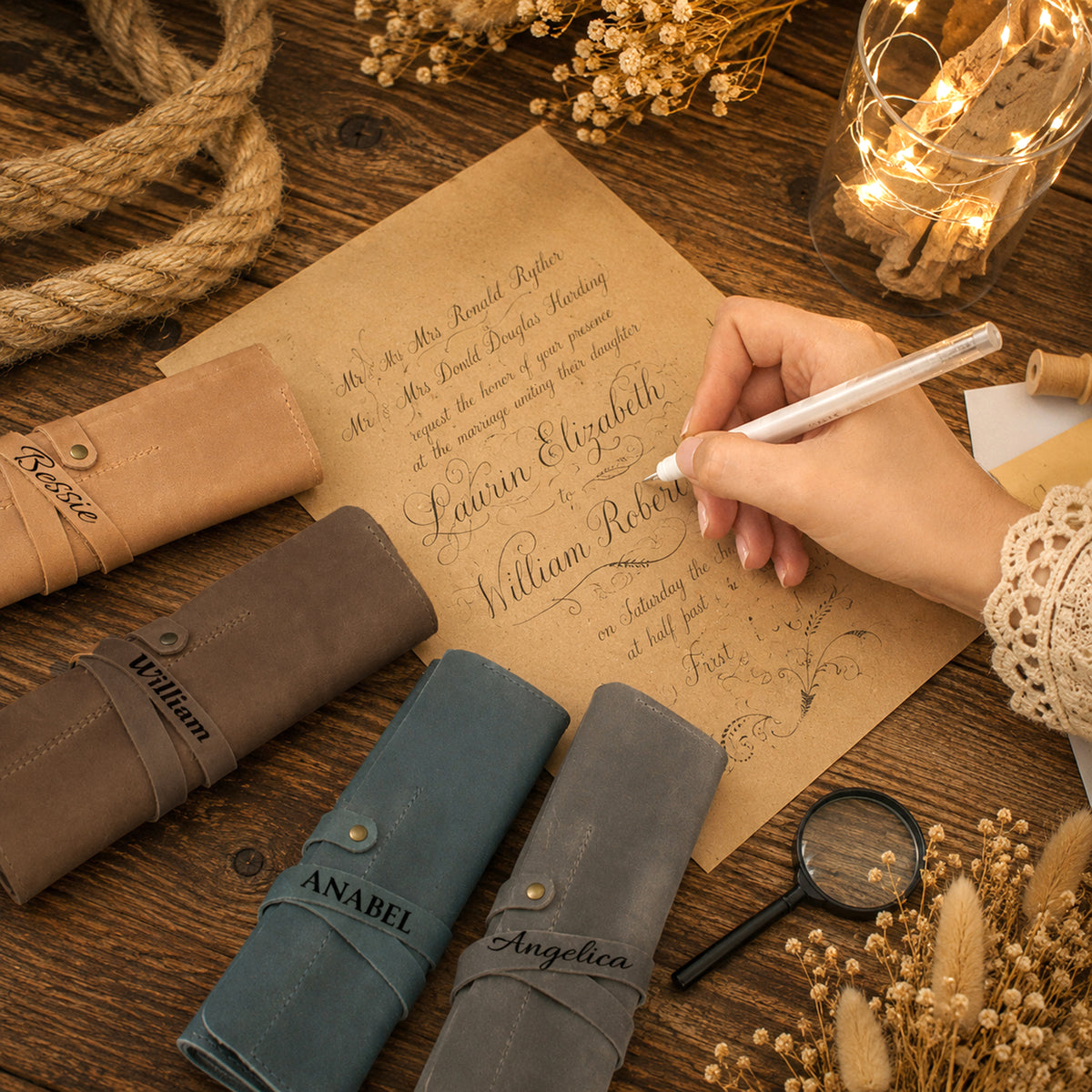 Premium leather pencil roll with name stamp, warm earthy tone