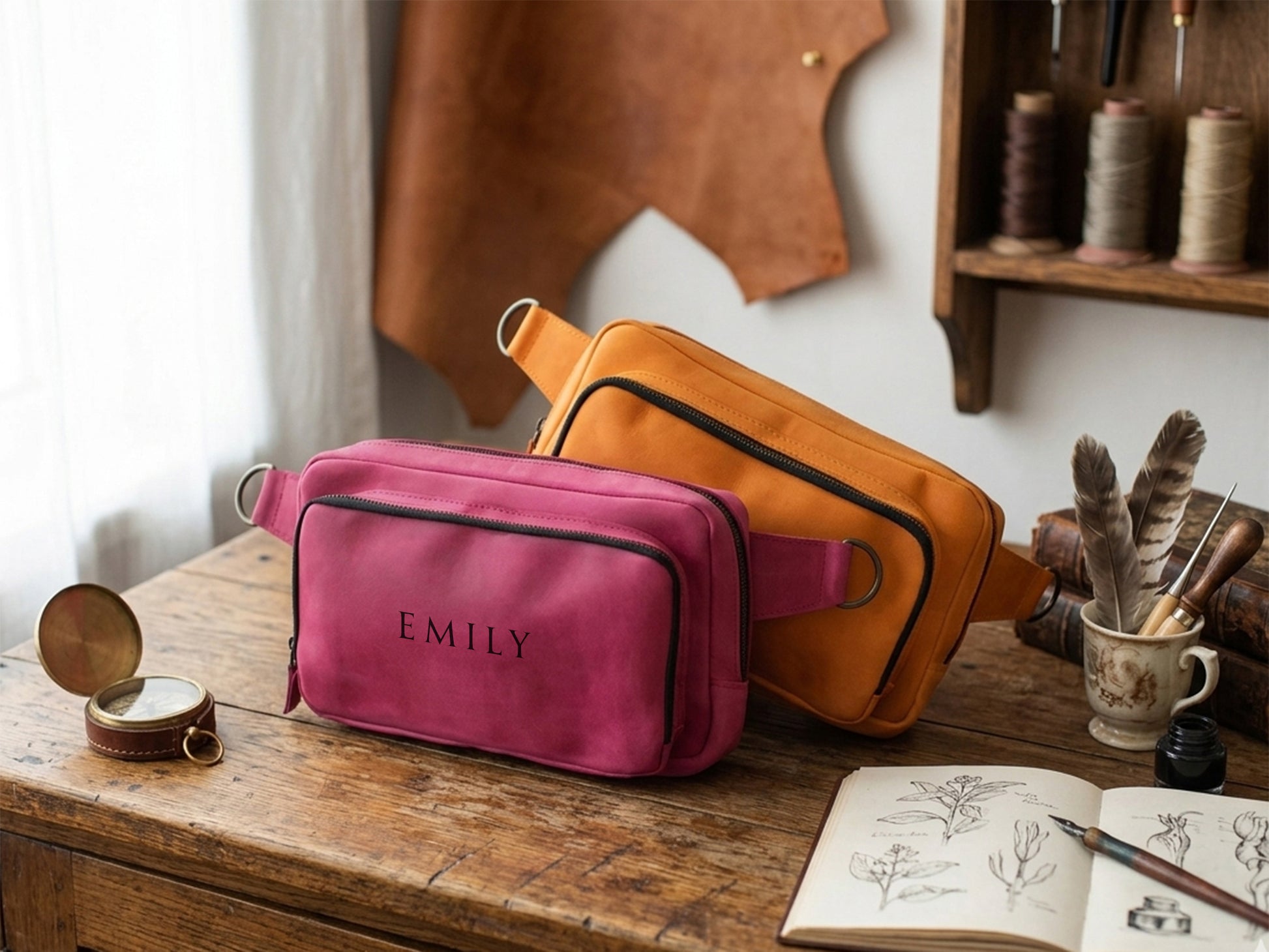 Interior of leather crossbody bag, smart organization compartments