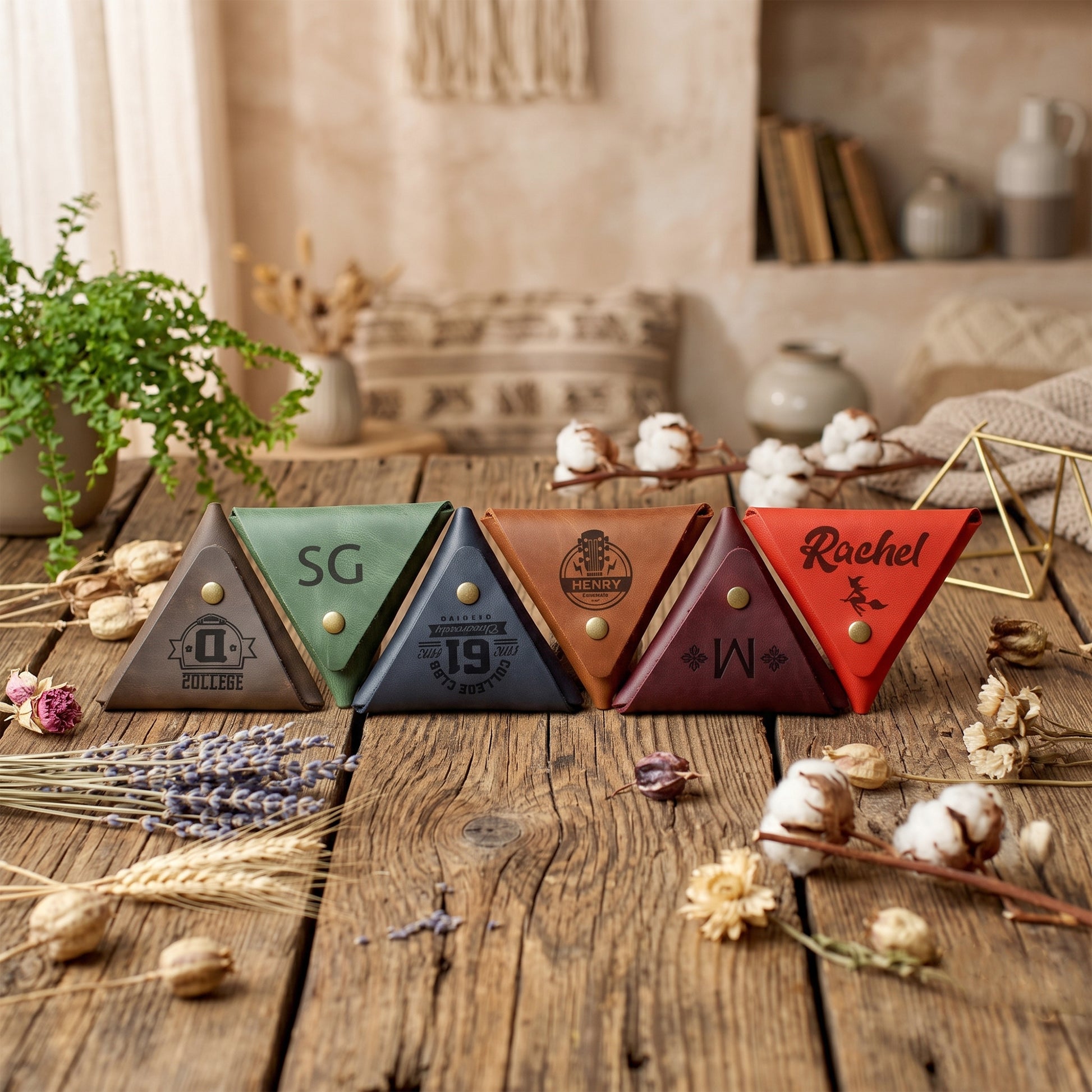 Four triangular wooden keepsake boxes in different colors (gray, green, brown, red) arranged on a rustic wooden table with dried flowers and cotton bolls. The boxes are decorated with vintage-style stamps and one is personalized with the name 'Rachel'.
