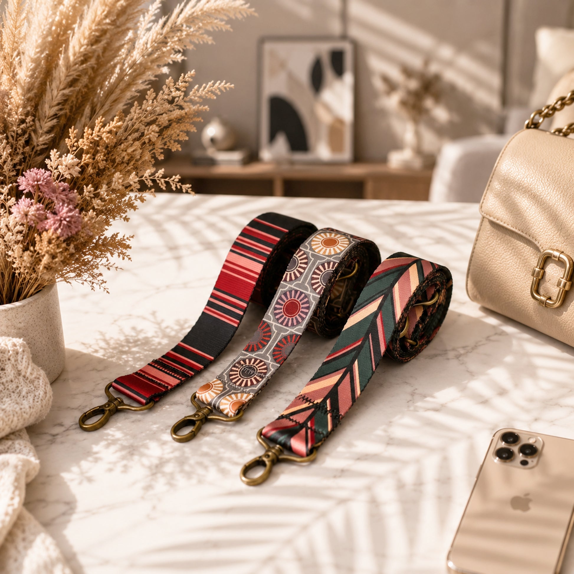 Three patterned bag straps on a marble surface with a beige handbag and phone in the background.
