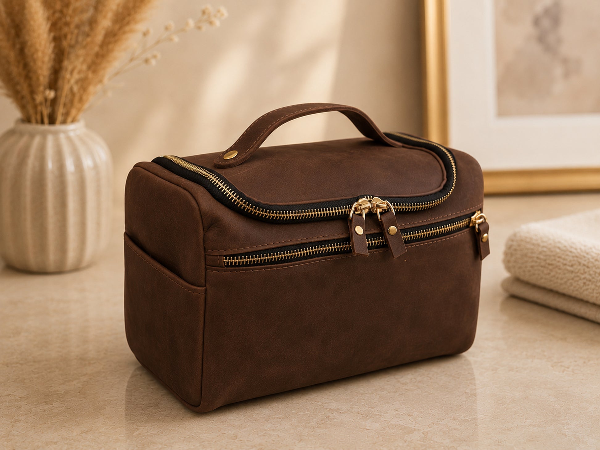 Brown leather toiletry bag with gold zippers on a beige surface.