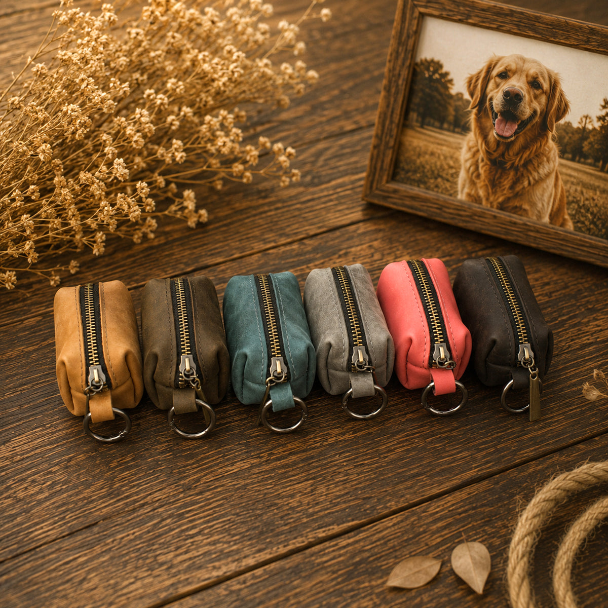 Six small zippered pouches in assorted colors are arranged in a row on a rustic wooden surface, with dried flowers, rope, and a framed dog photo in the background.