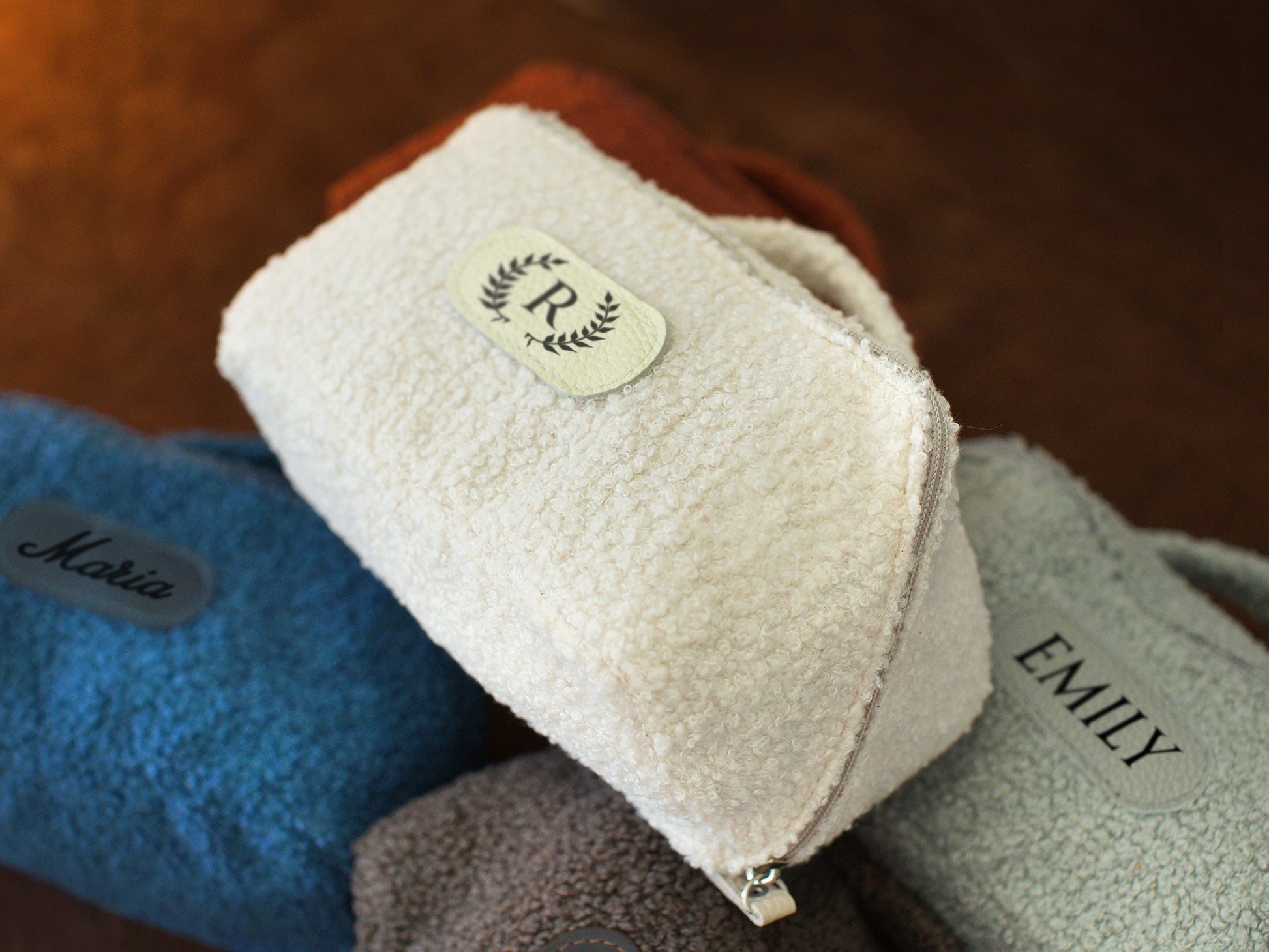 Personalized monogram embroidery on handcrafted sherpa toiletry bag