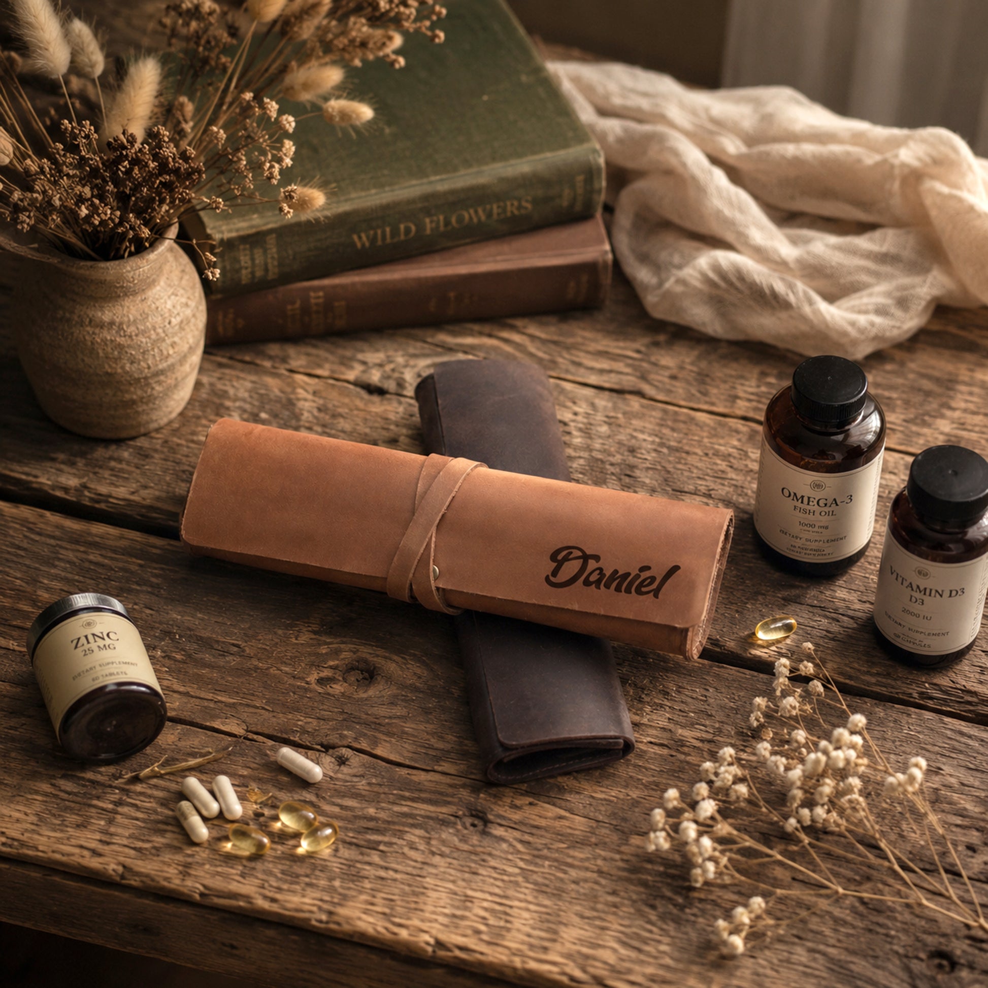 A rolled tan leather journal or notebook with the name 'Daniel' printed on it, tied with a matching leather band, displayed on a rustic wooden table alongside supplement bottles, capsules, dried flowers, books, and a small vase.