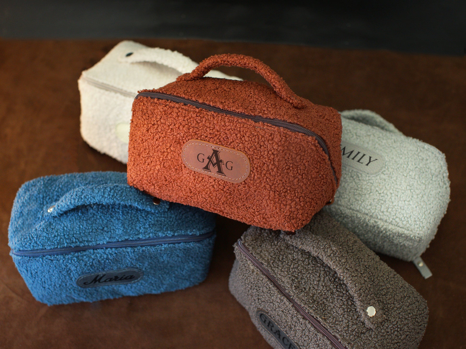 Sherpa toiletry bag with custom monogram, cozy plush makeup organizer