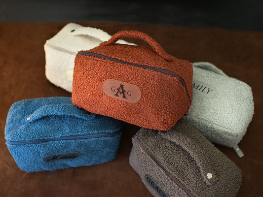 Sherpa toiletry bag with custom monogram, cozy plush makeup organizer