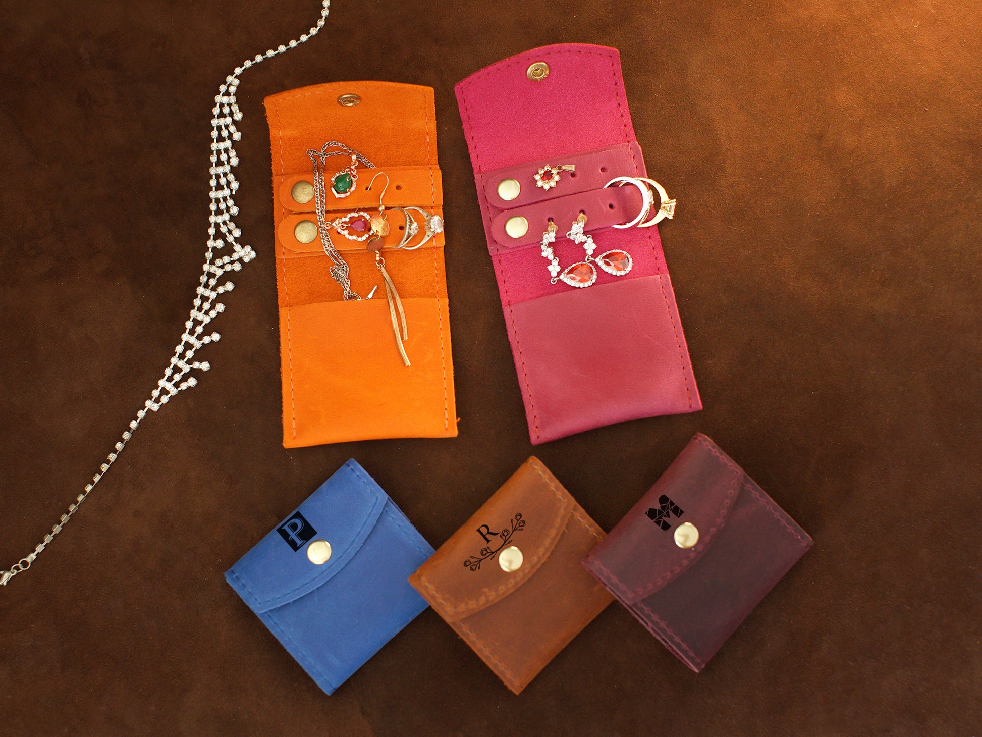 Natural leather jewelry pouch with warm patina, artisan craftsmanship