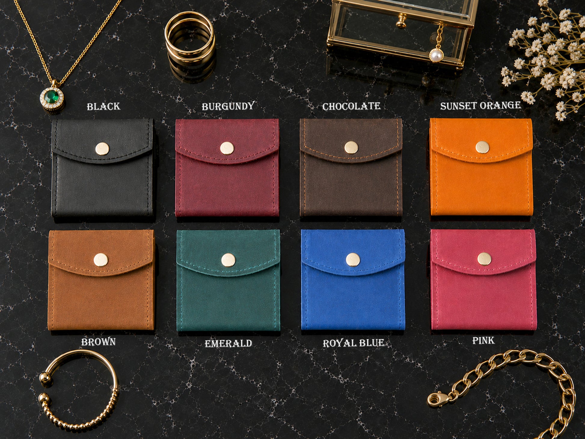 Leather jewelry pouch with custom stamp, compact travel case