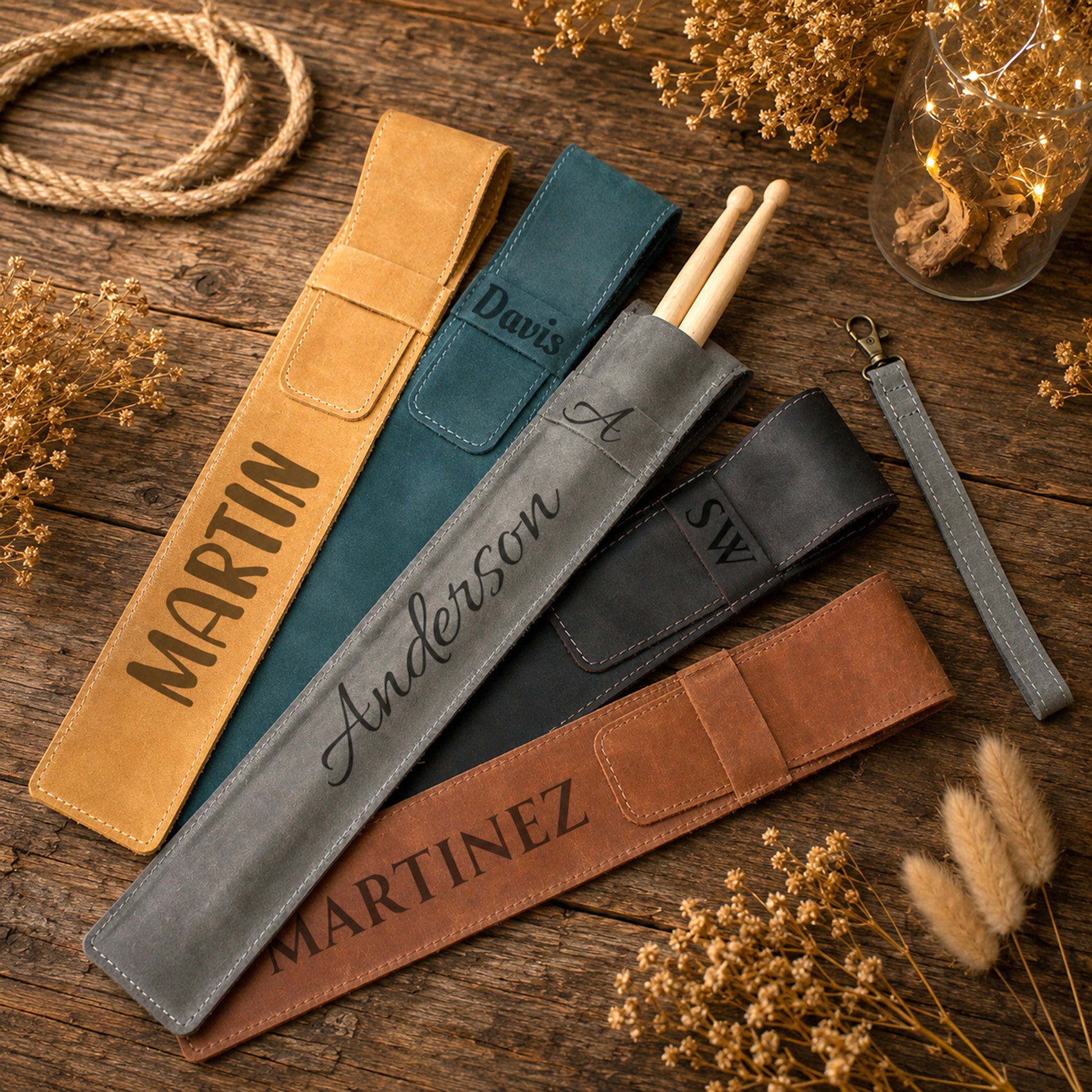 Four personalized leather drumstick pouches in tan, teal, gray, and brown, arranged on a rustic wooden surface with dried flowers and string lights. The pouches are engraved with names including MARTIN, Davis, Anderson, and STW.