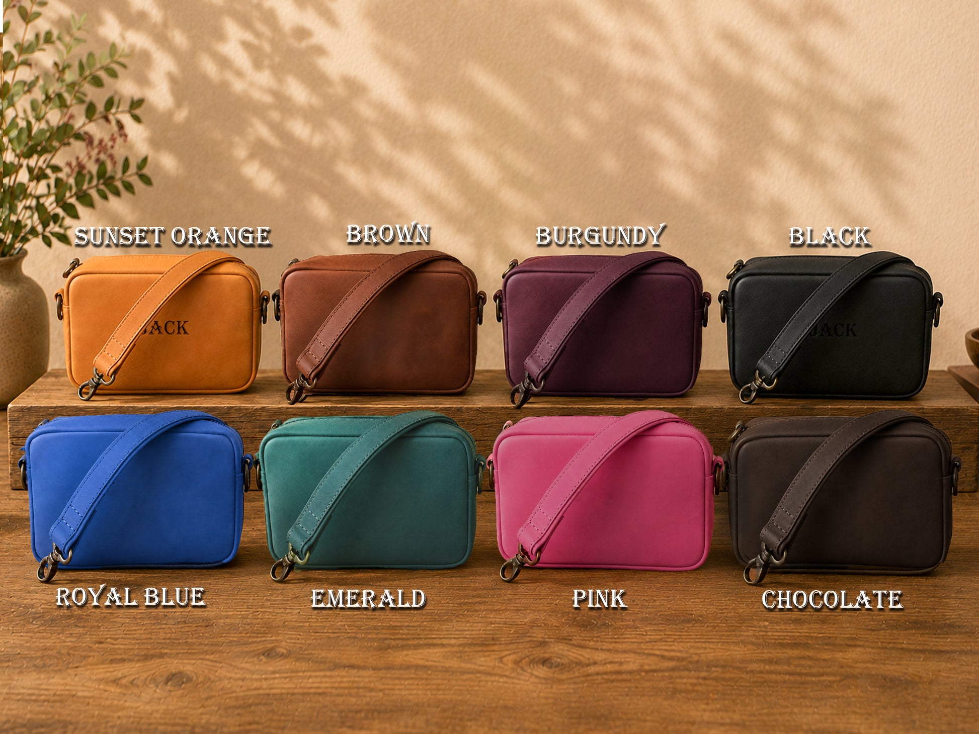 Row of colorful crossbody bags on a wooden surface with labels indicating colors.