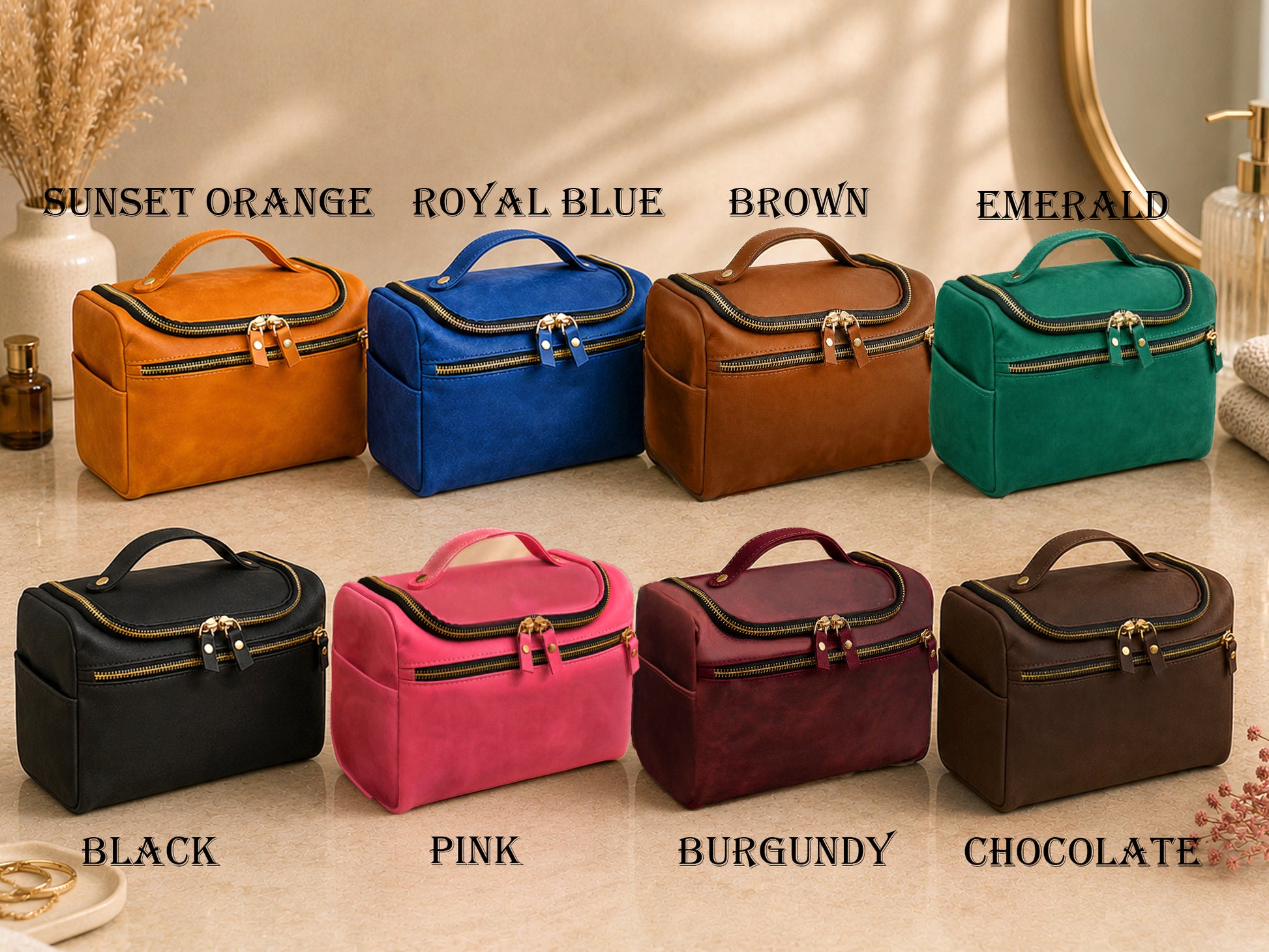 Leather cosmetic bag with custom monogram, compact travel organizer