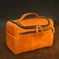 Large leather toiletry bag with custom stamp, warm brown leather