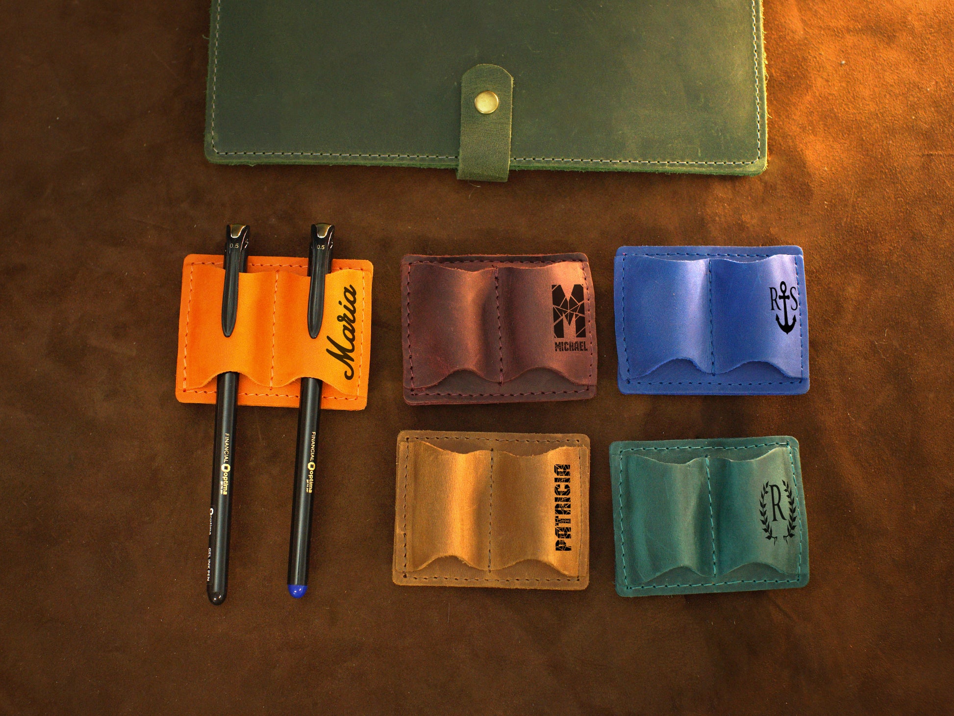 Leather pen holder with custom monogram, minimalist notebook pen loop