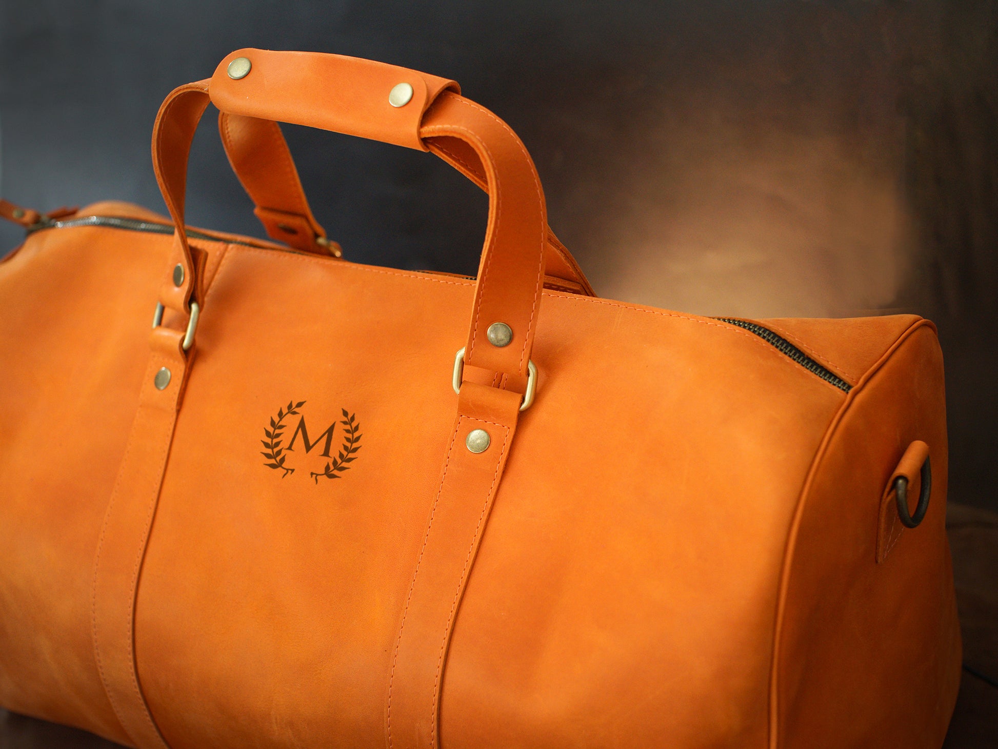 Interior of leather duffle bag, spacious main compartment for travel