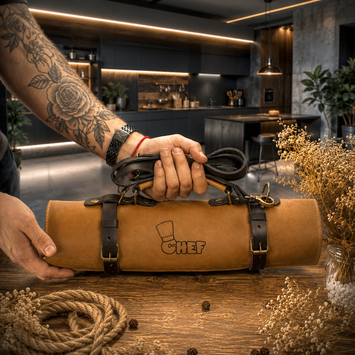 Natural leather knife roll with warm patina, artisan craftsmanship