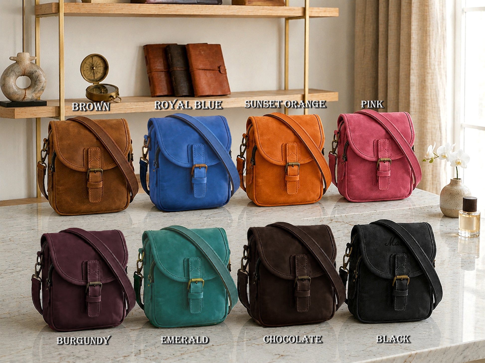 Collection of colorful leather bags on a marble surface with labeled colors.