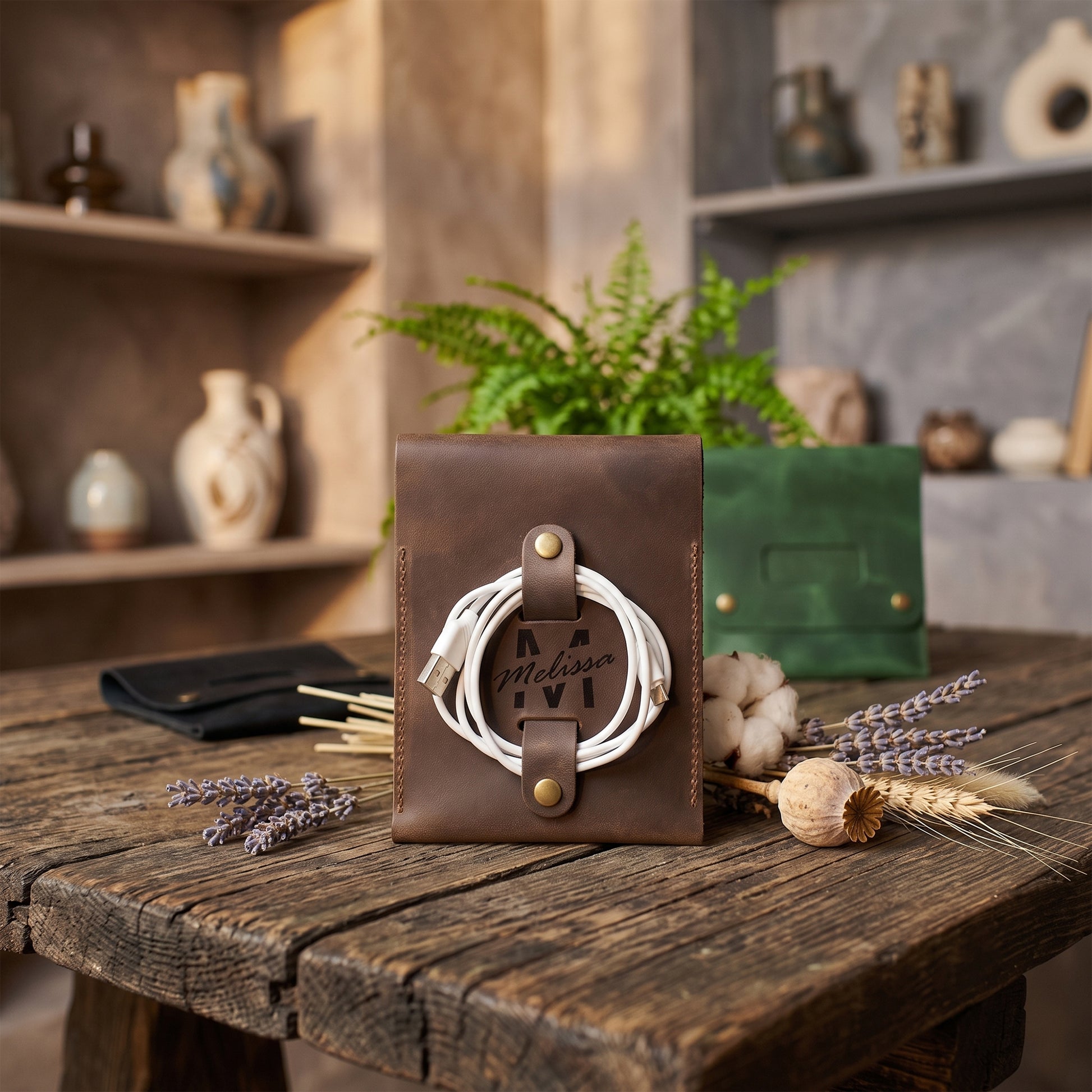 A brown leather cable organizer pouch with a strap and snap closure, holding coiled white cables. The pouch is displayed on a rustic wooden table with dried flowers, a green box, and a black wallet, with a blurred background of shelves holding decorative vases.